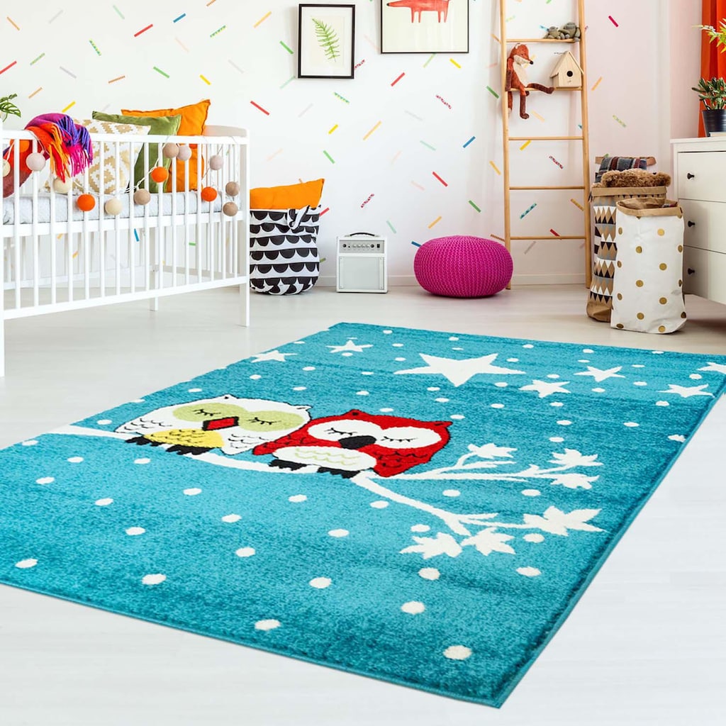 Wohnen Teppiche Carpet City Kinderteppich »Moda Kids 1513«, rechteckig, 11 mm Höhe, Eulen Motiv, Kurzflor türkis