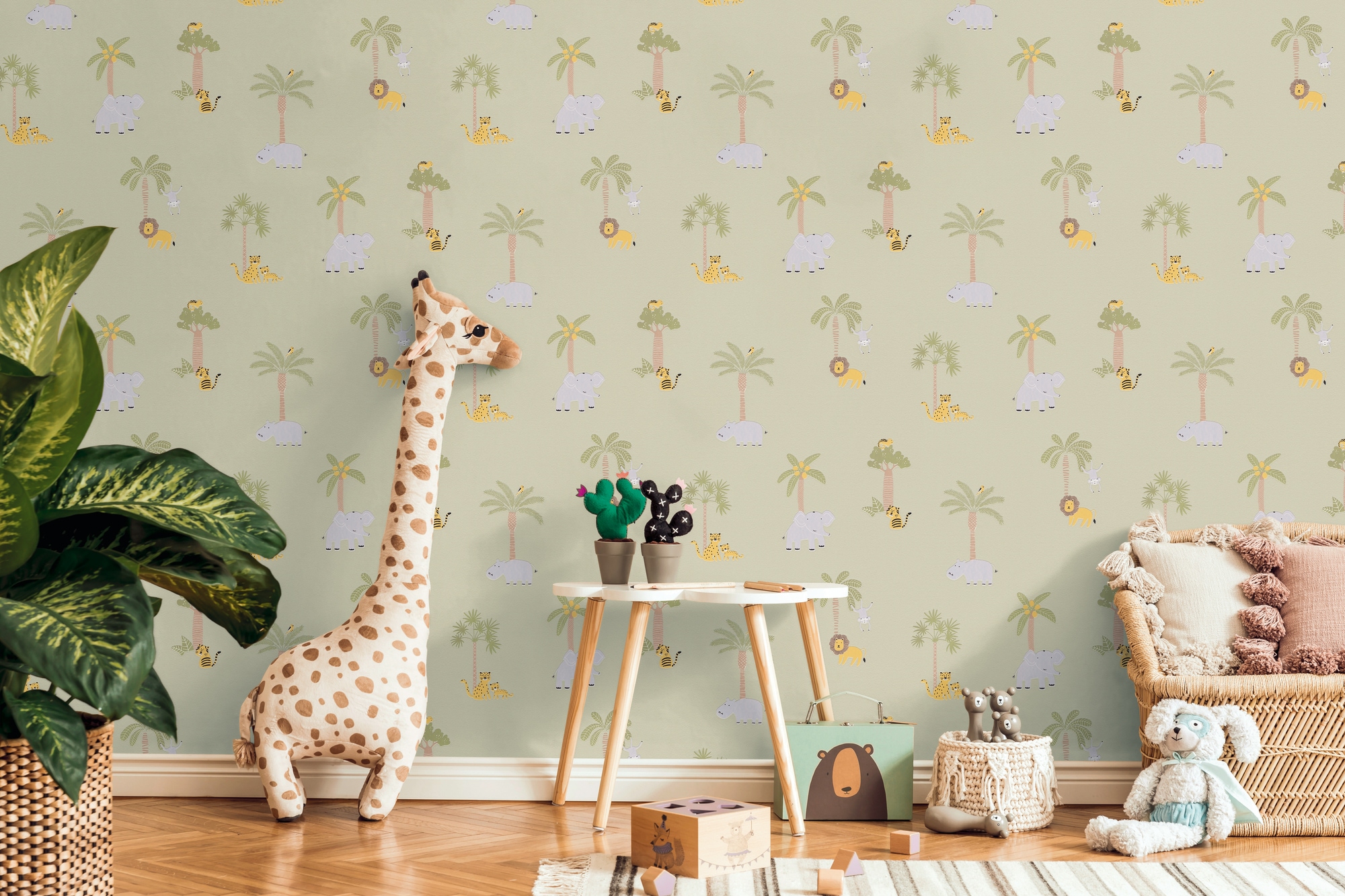living walls Vliestapete "Kids Studio Safari – Tier Vliestapete für Kinder" Motiv grafisch naturalistisch glatt Safari-Tiere mit Elefanten, Tigern und Palmen