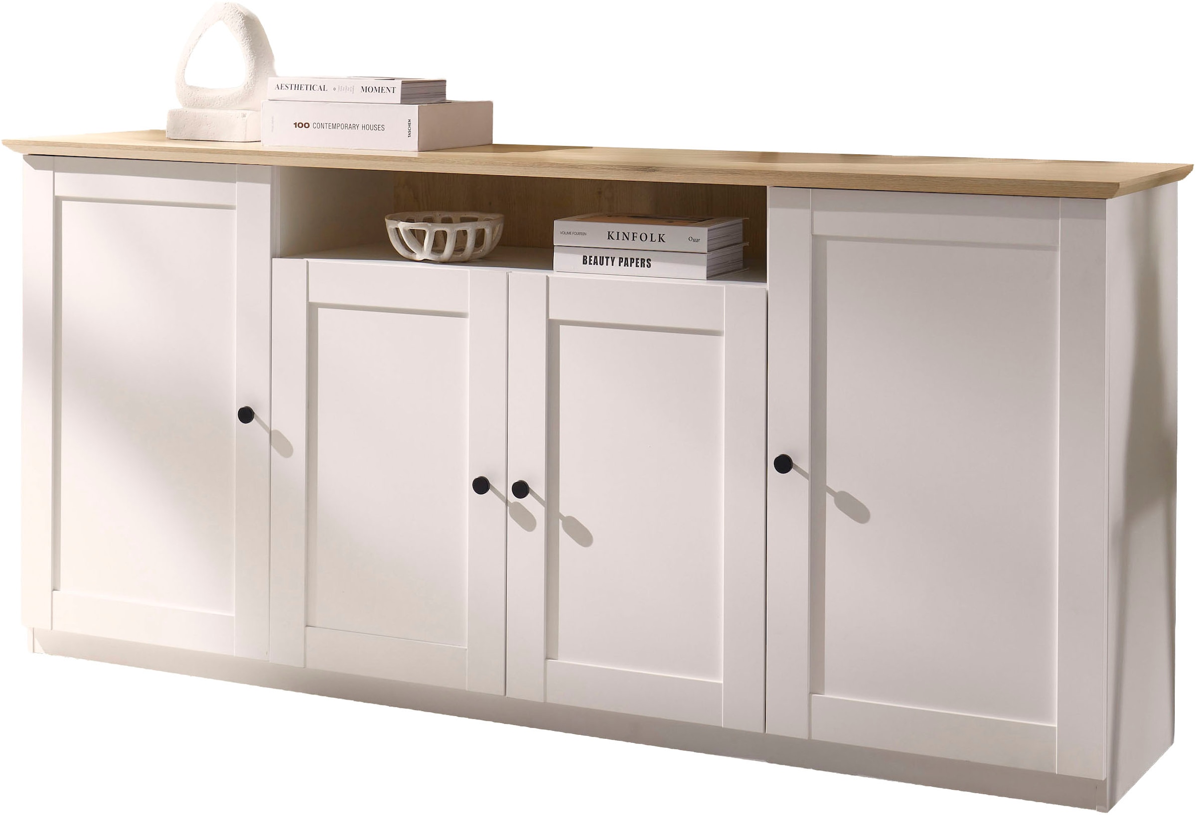 OTTO home Sideboard »Brest, Schrank im Landhausstil, Kommode, zeitloses Stauraumelement« schwarze Metallgriffe, ausreichend Stauraum, 204 cm breit