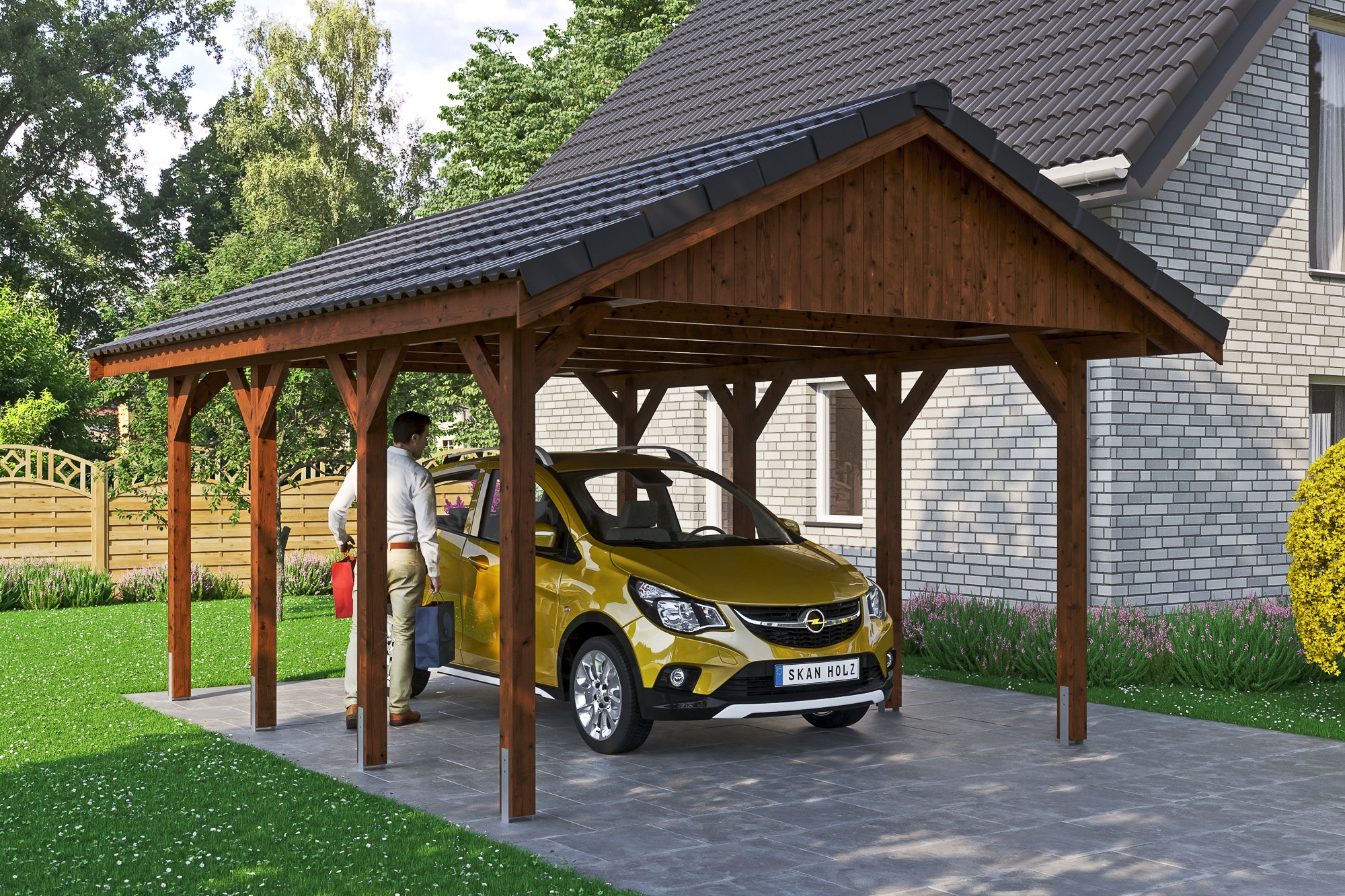 Skanholz Einzelcarport "Wallgau" Massivholz 340 cm Nussbaum mit Dachlattung