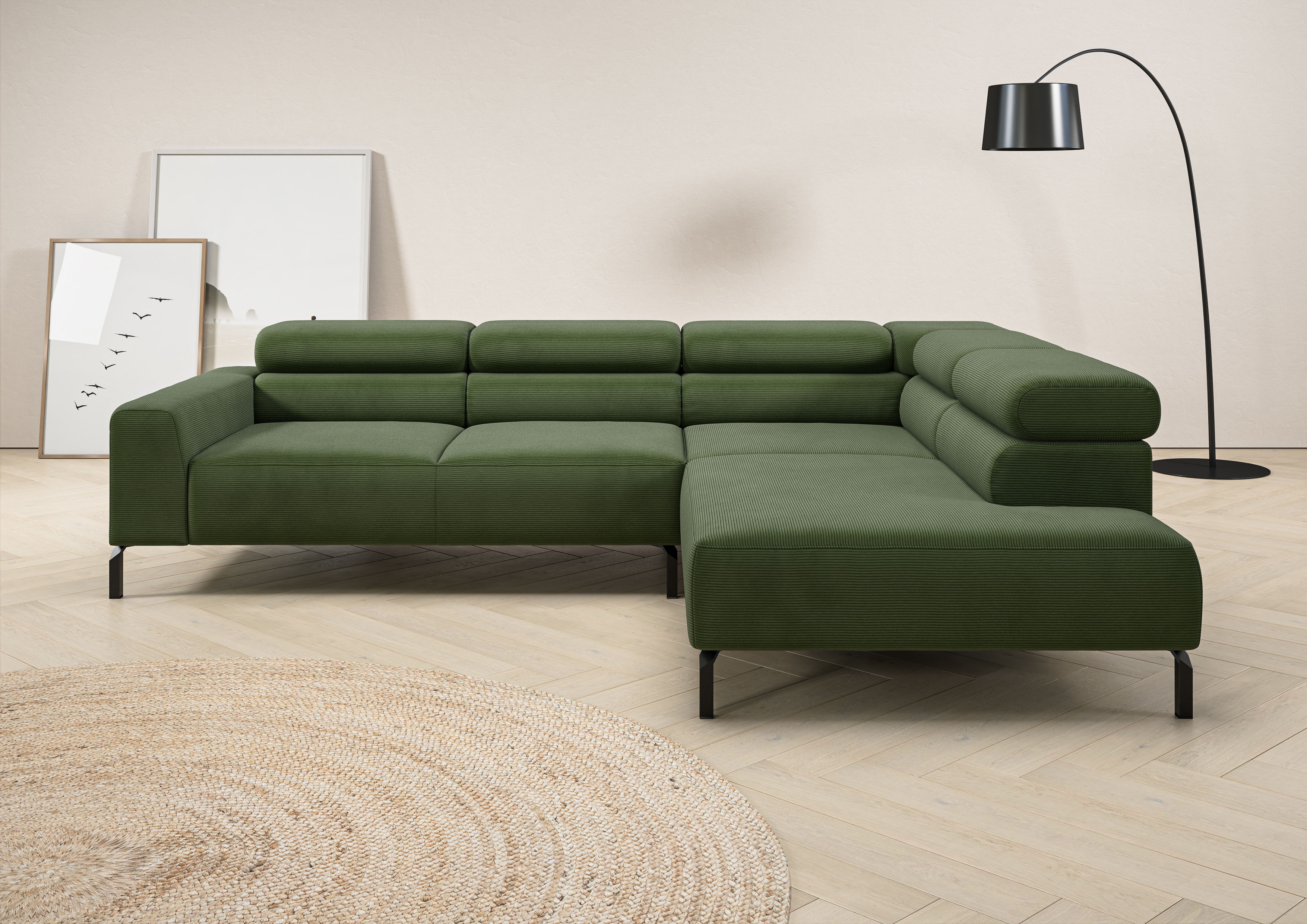 Home affaire Ecksofa "Antonelli, L-Form, inkl. Kopfteilverstellung, Breite 276 cm" mit elektrischer Sitztiefenverstellung, in Feincord, oliv