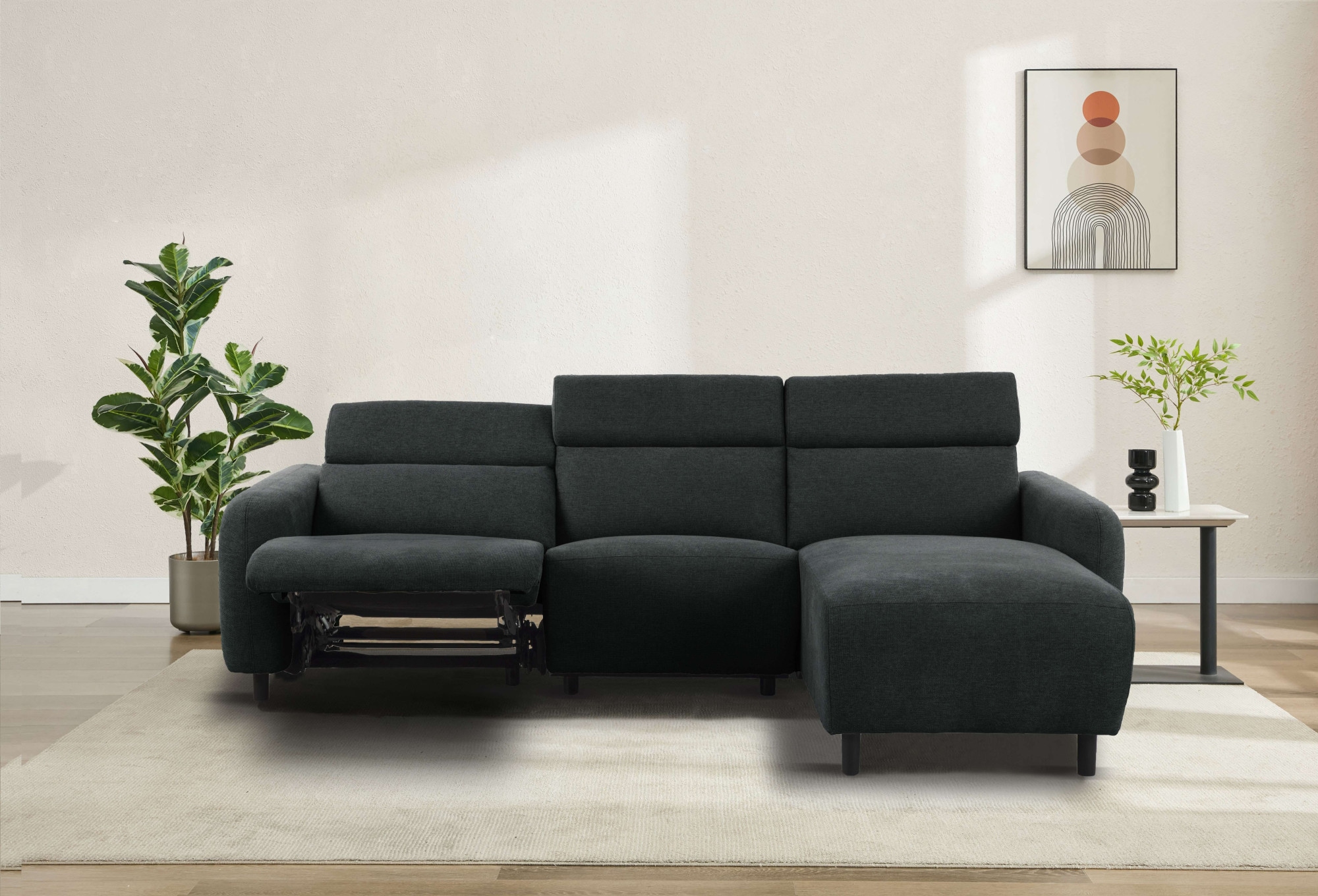 OTTO home Ecksofa "SKAANE Struktur, L-Form, 274 cm, manuelle/elektrische Relaxfunktion," rundes Design, Kopfteilverstellung, Federkernpolsterung