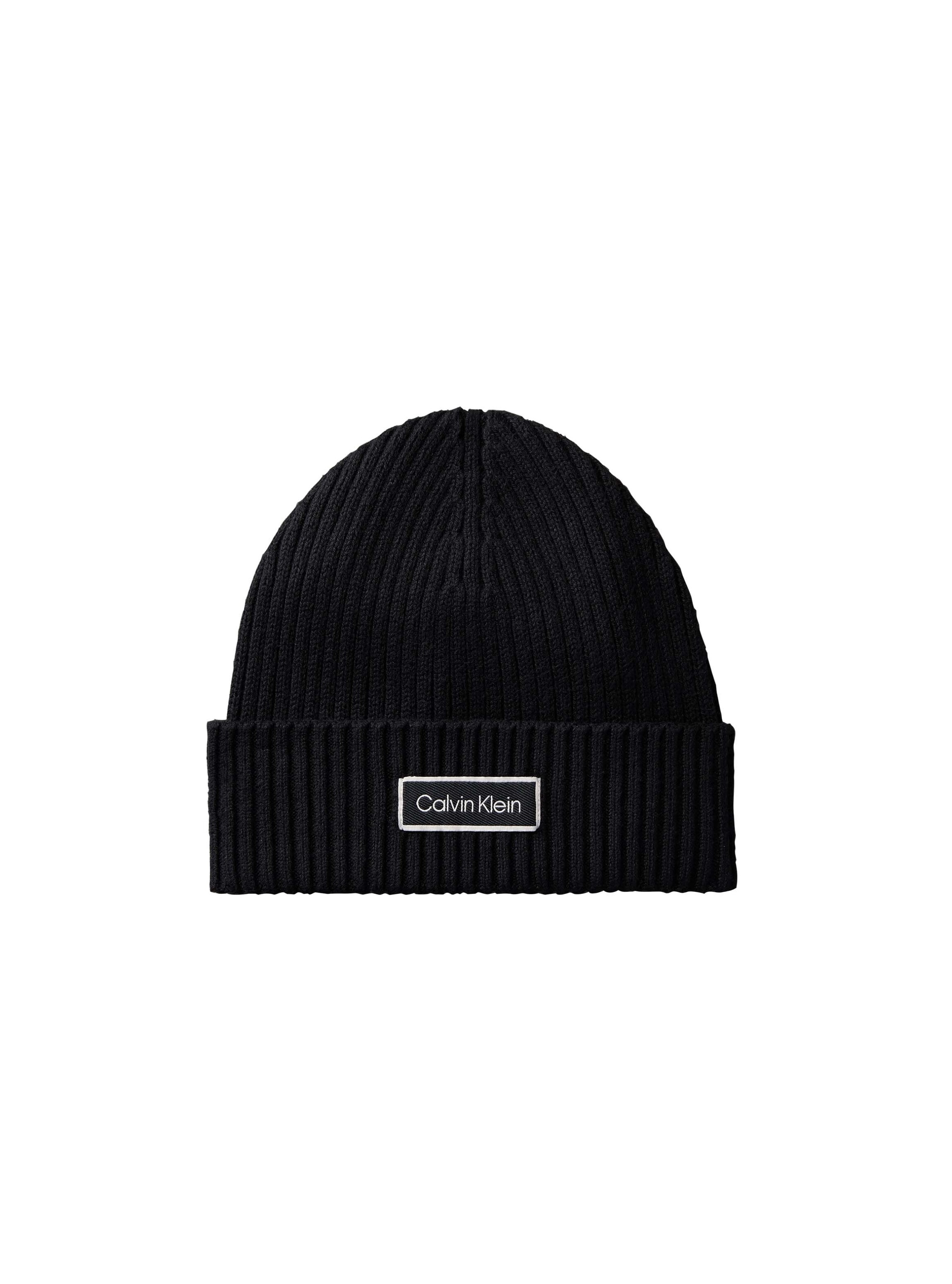 "Beanie CALVIN KLEIN ""PATCH CHUNKY RIB COTTON BEANIE"", Damen, schwarz, Strick, Baumwolle, unifarben, Mützen Beanie, Regular fit mit aufgenähtem