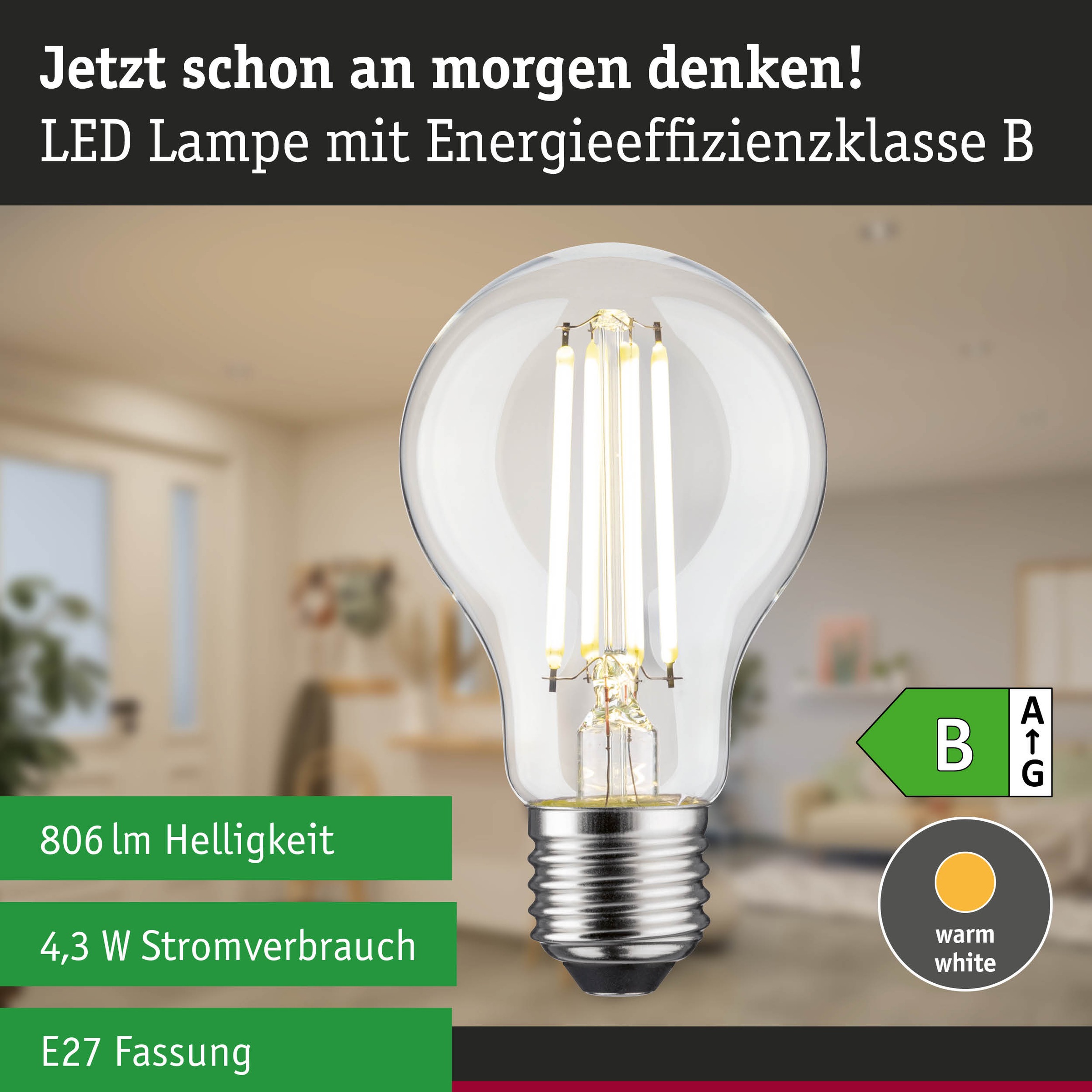 Paulmann LED-Leuchtmittel »Efficient-Line Filament 230V LED Birne E27 806lm 4,3W 4000K dimmb.Klar« E27 1 Stk. Neutralweiß
