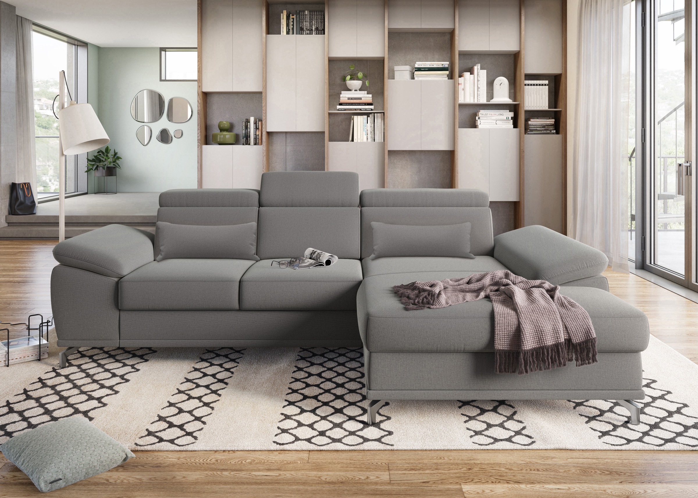 sit&more Ecksofa »Cabrio L-Form, mit Sitztiefenverstellung, Arm- und Kopfteilverstellung«, 2 Nierenkissen, Federkern, optional Bettfunktion und Stauraum