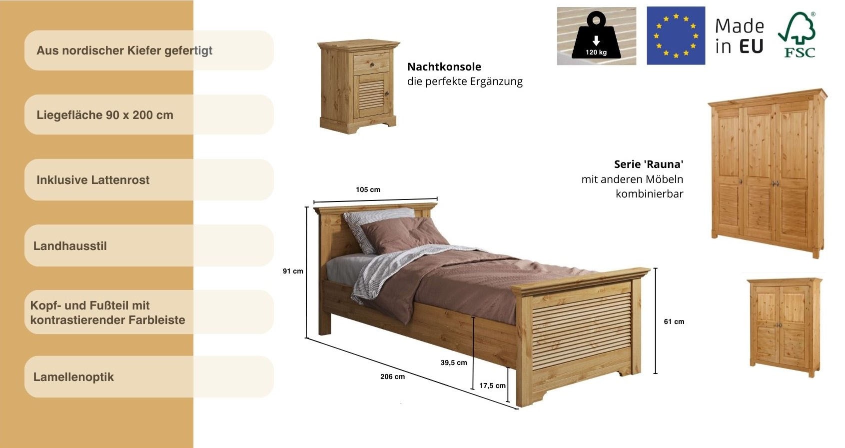 Home affaire Bett »Rauna, Landhausstil, edles Design mit Lamellen und Kassetten, 2 Farben«, (Breite/Belastbarkeit 180cm=220 KG, 90cm=120KG), FSC® zertifiziertes Kieferholz, massive Qualität mit Lattenrost
