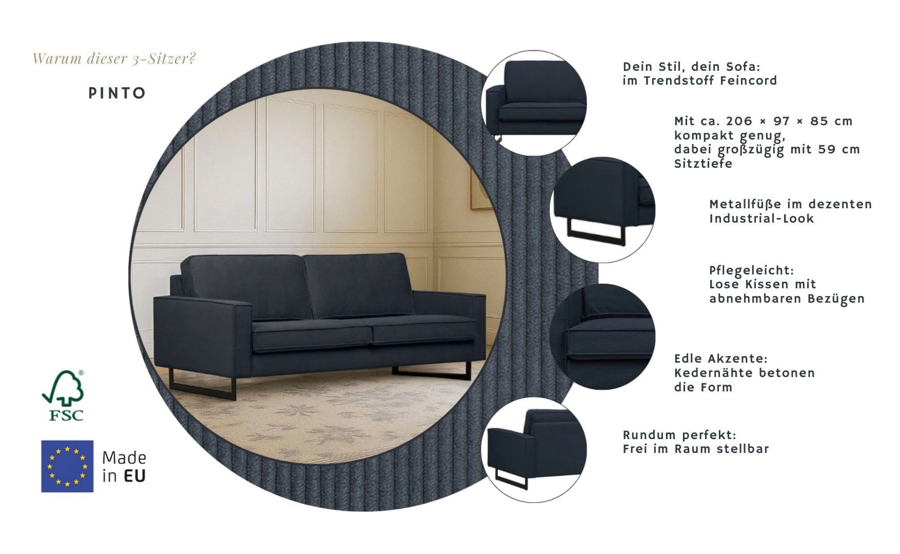 Home affaire 3-Sitzer »Pinto, 206 cm, Cord, Chenille, Lederoptik« mit Keder, schwarze Metallfüße, Wellenunterfederung
