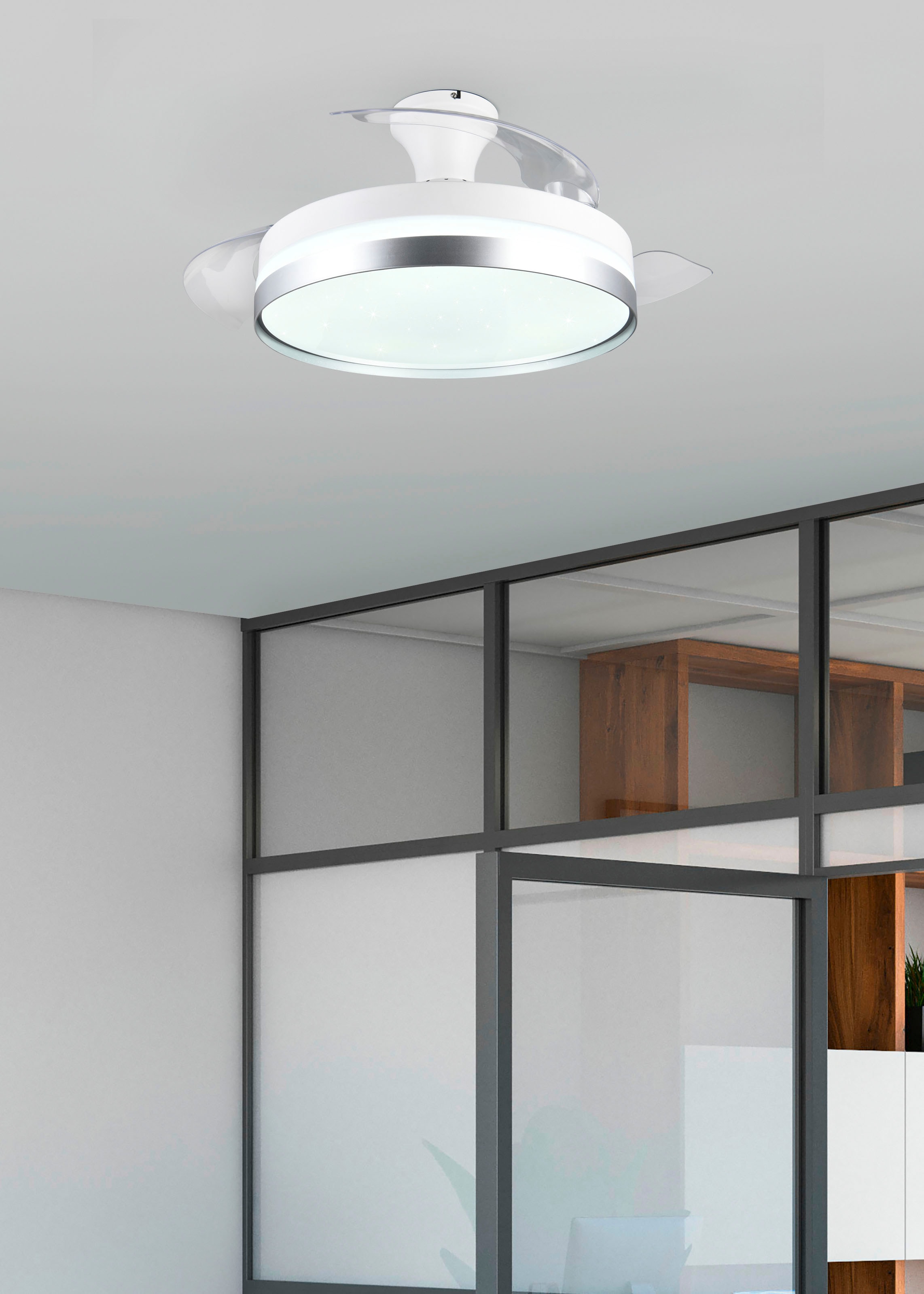 REALITY Leuchten LED Deckenleuchte »LINDBERG Deckenventilator mit Beleuchtung, Rotor einklappbar, 6 Stufen«, 1 flammig, Leuchtmittel LED-Board | LED fest integriert, LED Ventilator mit Fernbedienung dimmbar Memory Nachtlicht Starlight