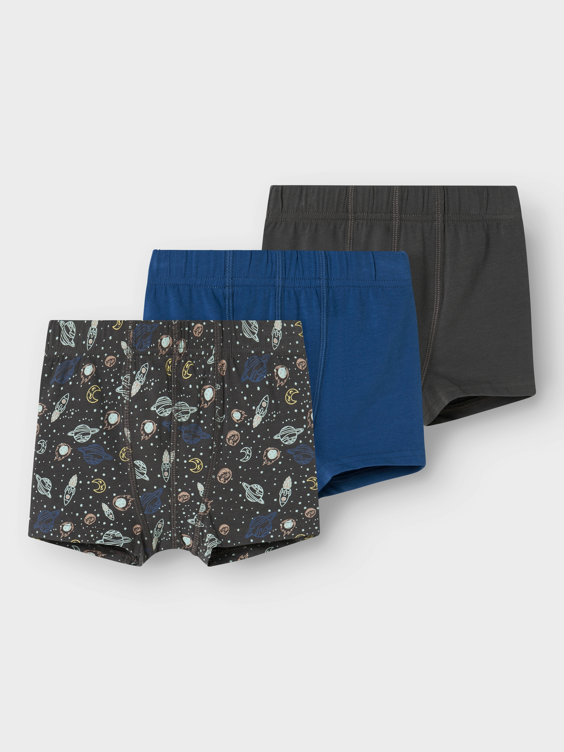 NAME IT Jungen Trunk "NMMTIGHTS 3P IRON SPACE NOOS", Gr. 98, grau, Jersey, Obermaterial: 95% Baumwolle, 5% Elasthan, bedruckt, unifarben, Unterhosen