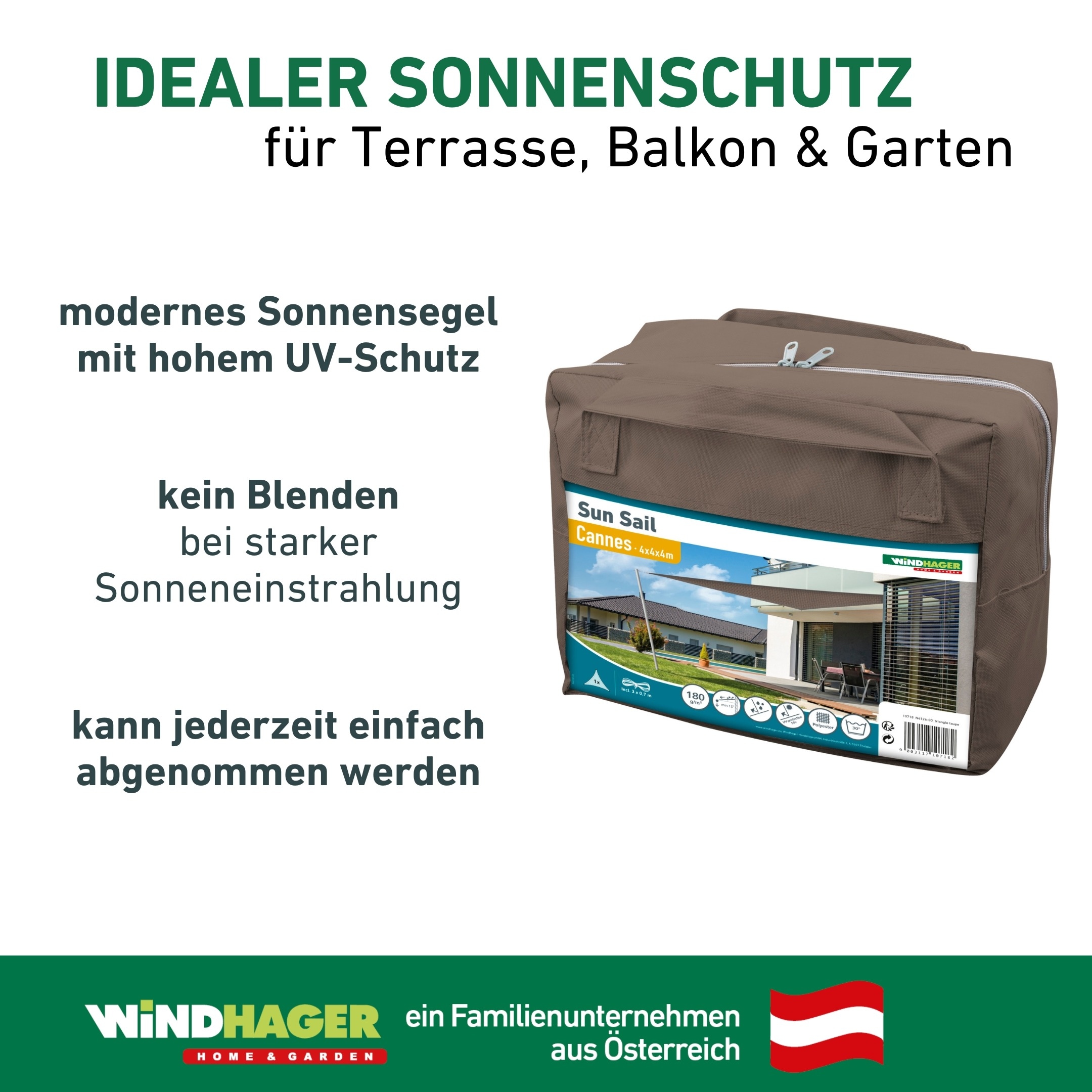 Windhager Sonnensegel »Cannes, Dreiecksegel zur Beschattung von Garten, Terrasse, Balkon« Sonnenschutz 4 x 4 x 4 m, erhältlich in anthrazit, grau oder taupe