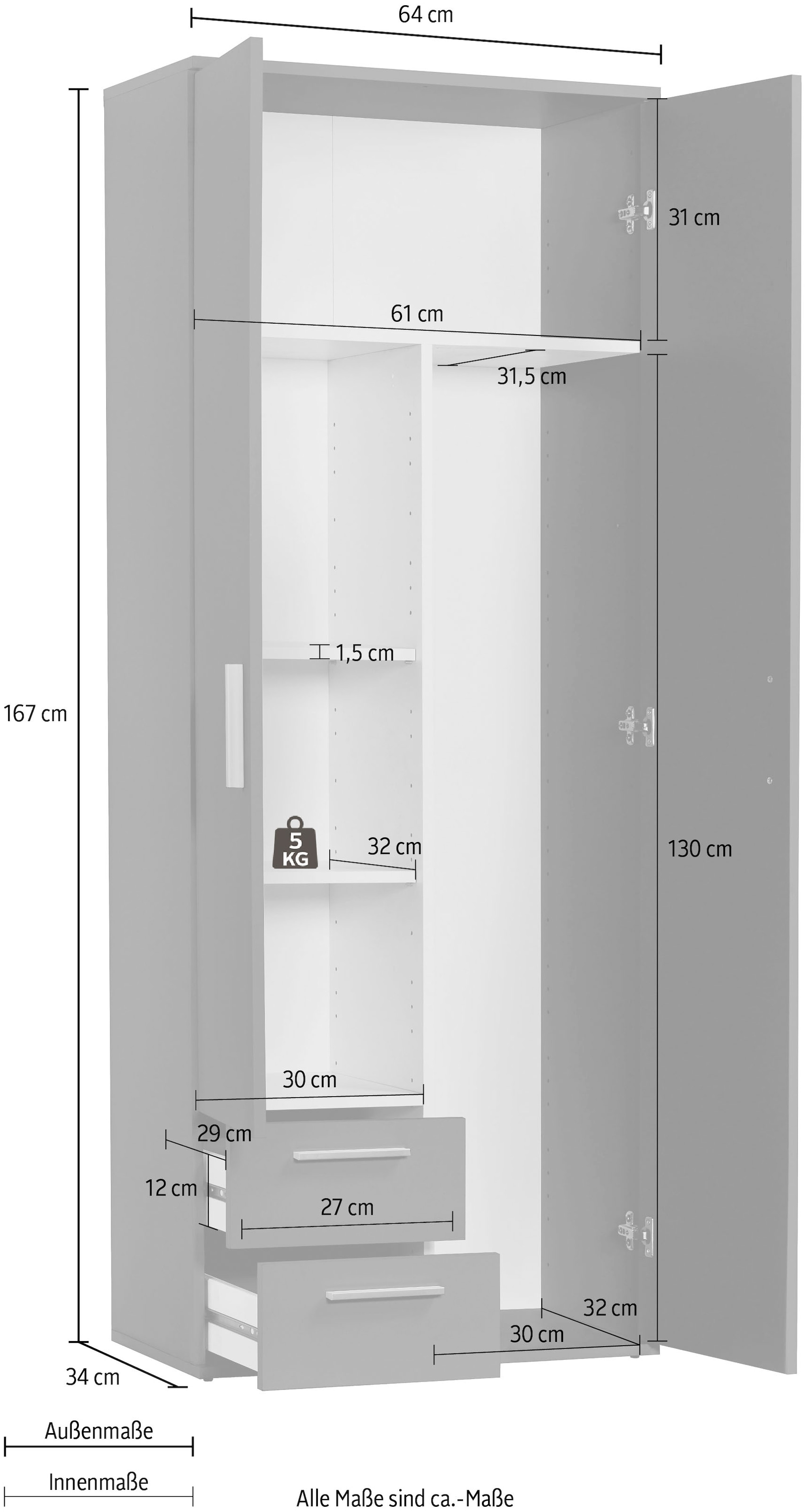 Procontour Mehrzweckschrank »Schrank Clara TOPSELLER!«, (OTTOs Choice), Höhe 167cm mit variabel verstellbaren Einlegeböden