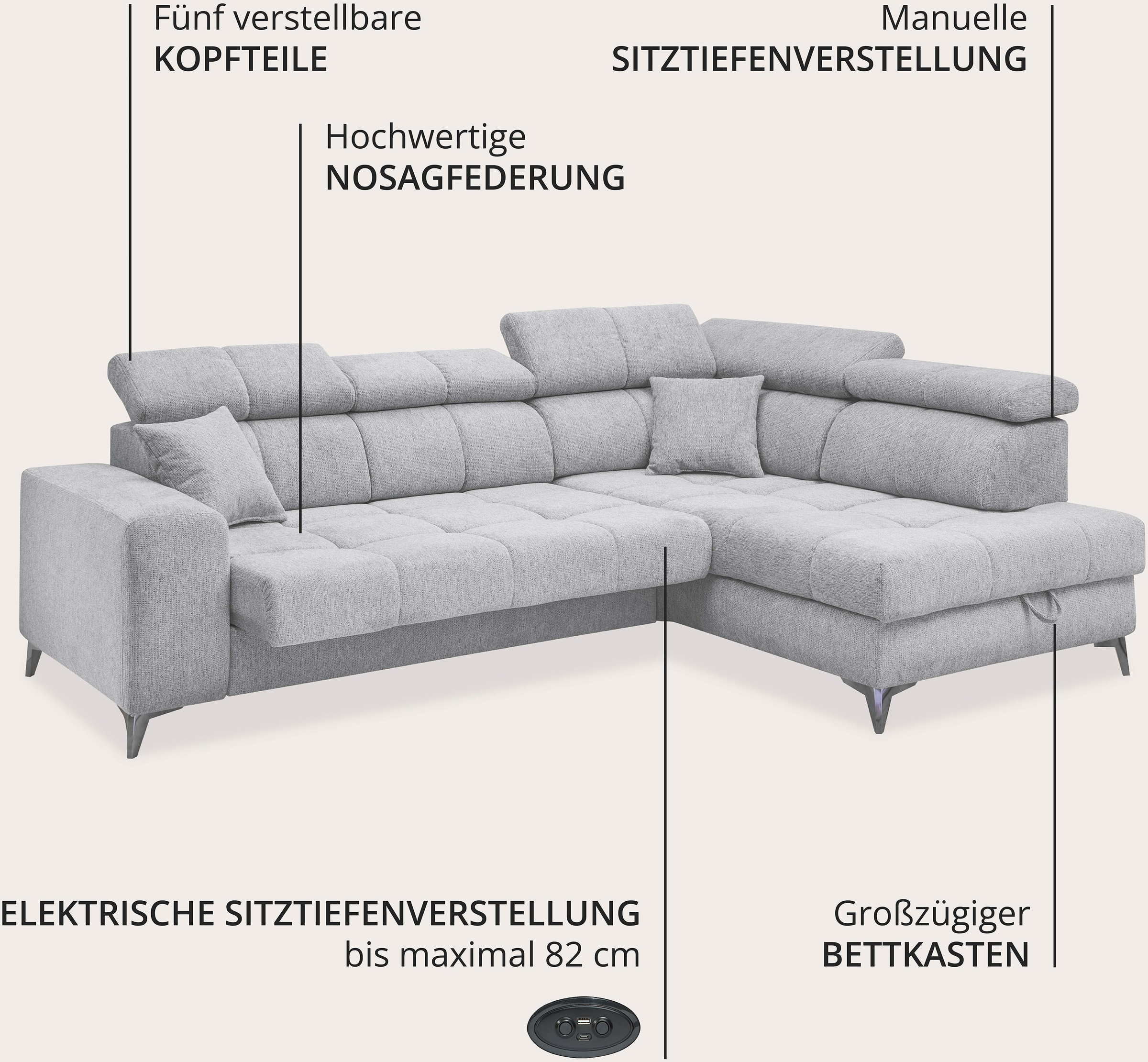 ED EXCITING DESIGN Ecksofa »Sydney L-Form« motorischer Sitztiefenverstellung, USB-Port & 2 Zierkissen