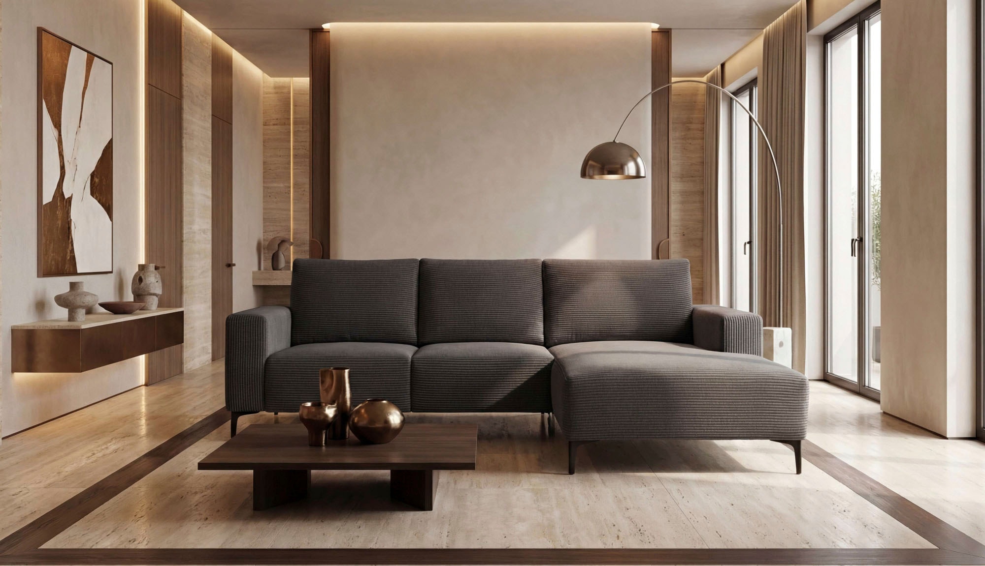 OTTO home Ecksofa "Tournon L-Form, Breite 232 cm, Breitcord" Designsofa im nordischen Stil, Wellenunterfederung, Metallfüße