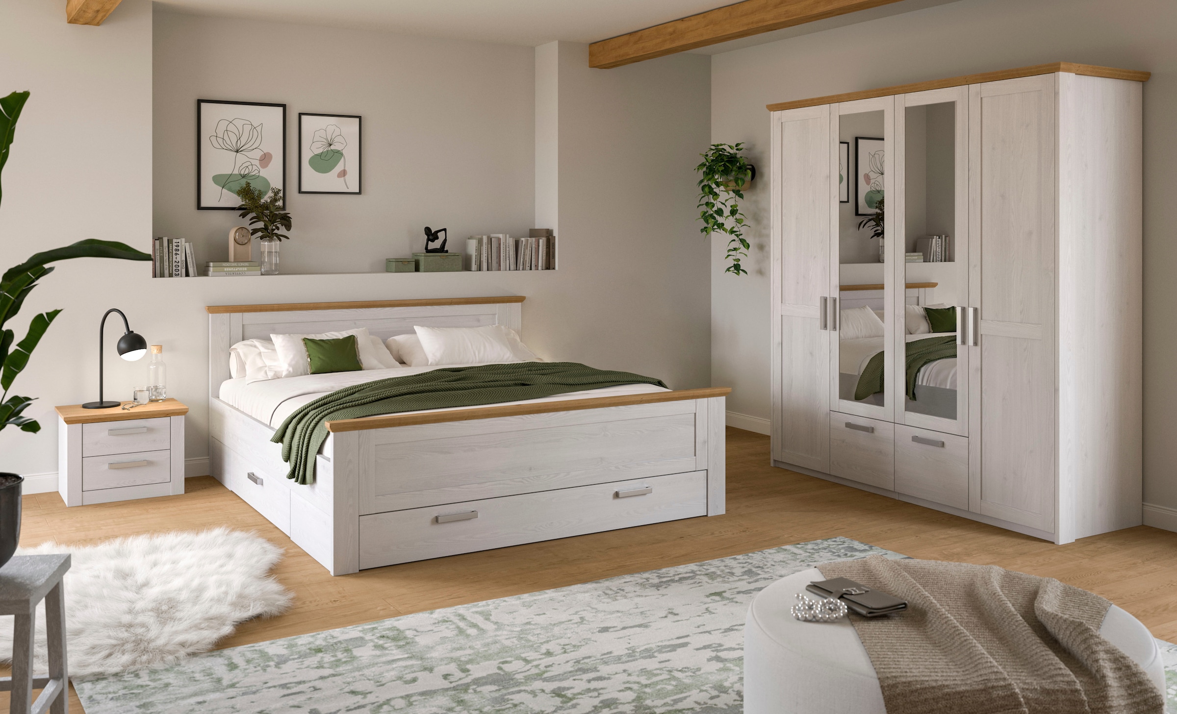Home affaire Schlafzimmer-Set "COSENZA, 3-teilig, Kleiderschrank, Bett & Nachttisch" Matratzengröße 180x200 cm, viel Stauraum, ohne Lattenrost & Matratze, 3 tlg. tlg. Schlafzimmer, Schlafen, Set, Kombination, Bettanlage