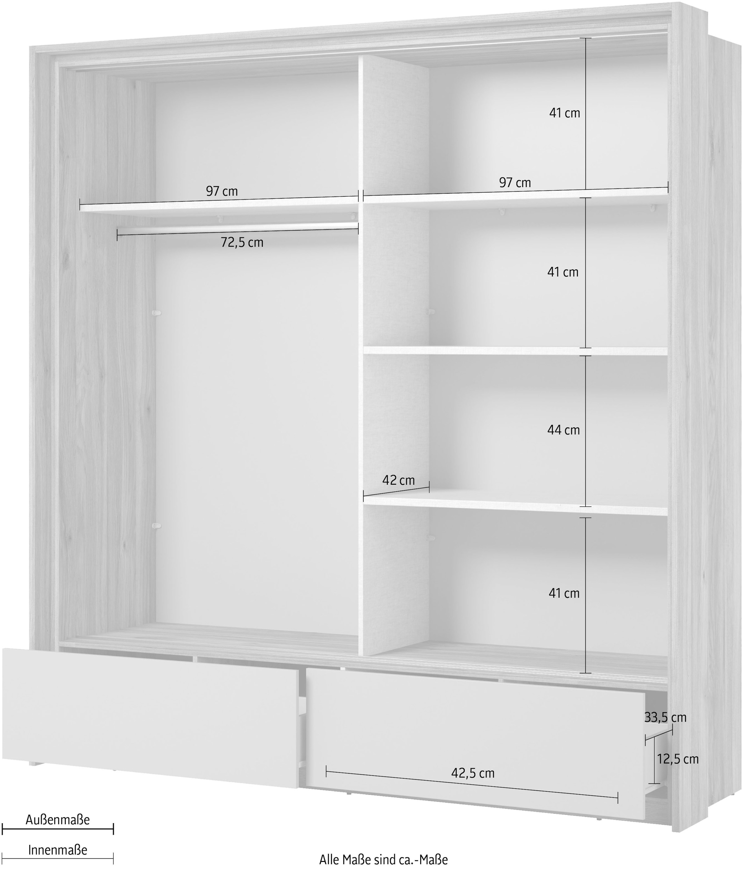 INOSIGN Schwebetürenschrank »Wharton, Breite 159 oder 209 cm, Kleiderschrank incl. Innenausstattung«, Wäscheschrank, 2 Schubkästen, 2 Spiegel, Metallgriffe, Garderobe
