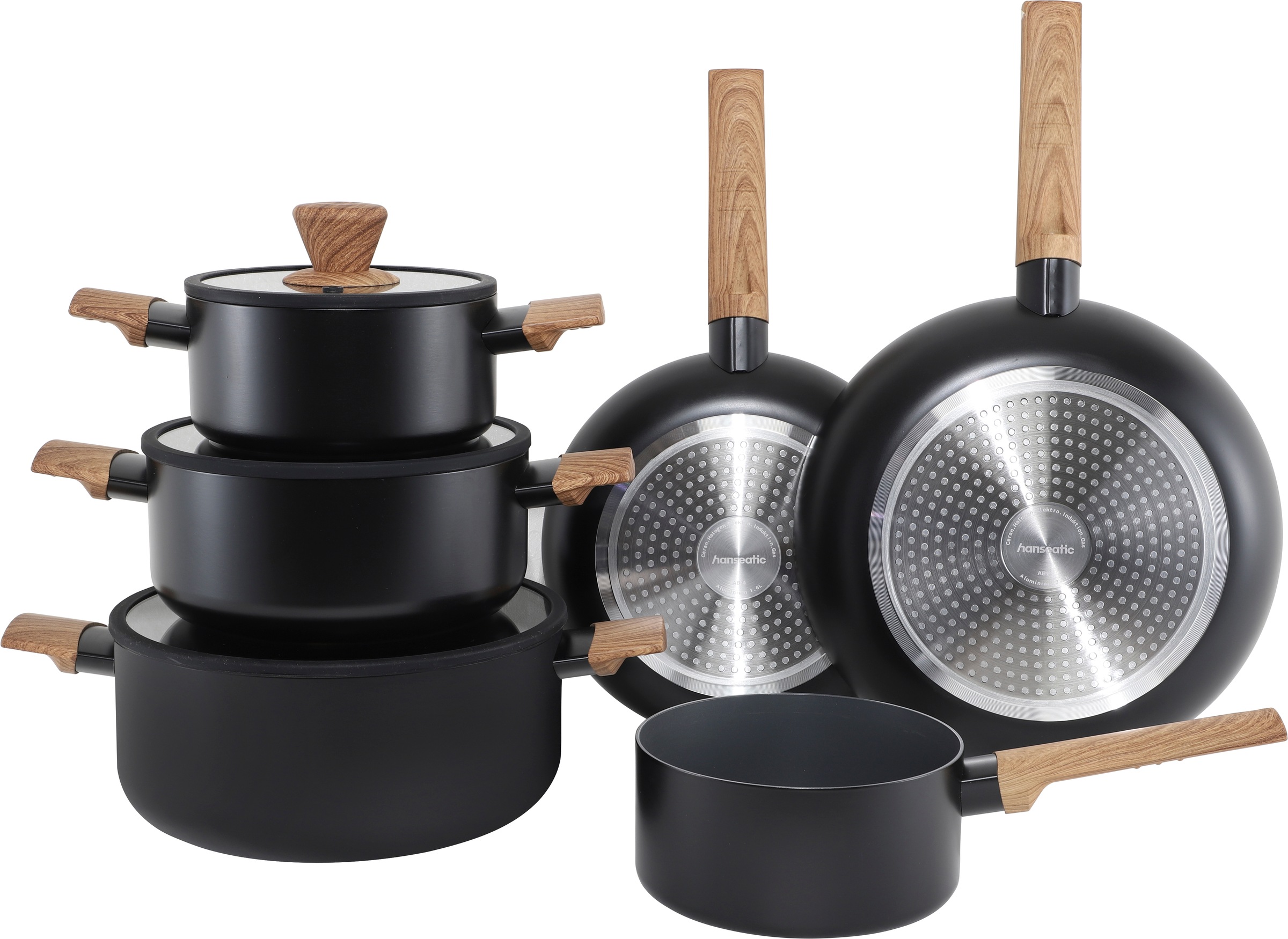 Hanseatic "ALU SCANDI, mit Antihaftbeschichtung" Set, Stielkasserolle 16 cm, Kochtopf 16/20/24 cm, Bratpfanne 24/28 cm, 9 tlg. Aluminium