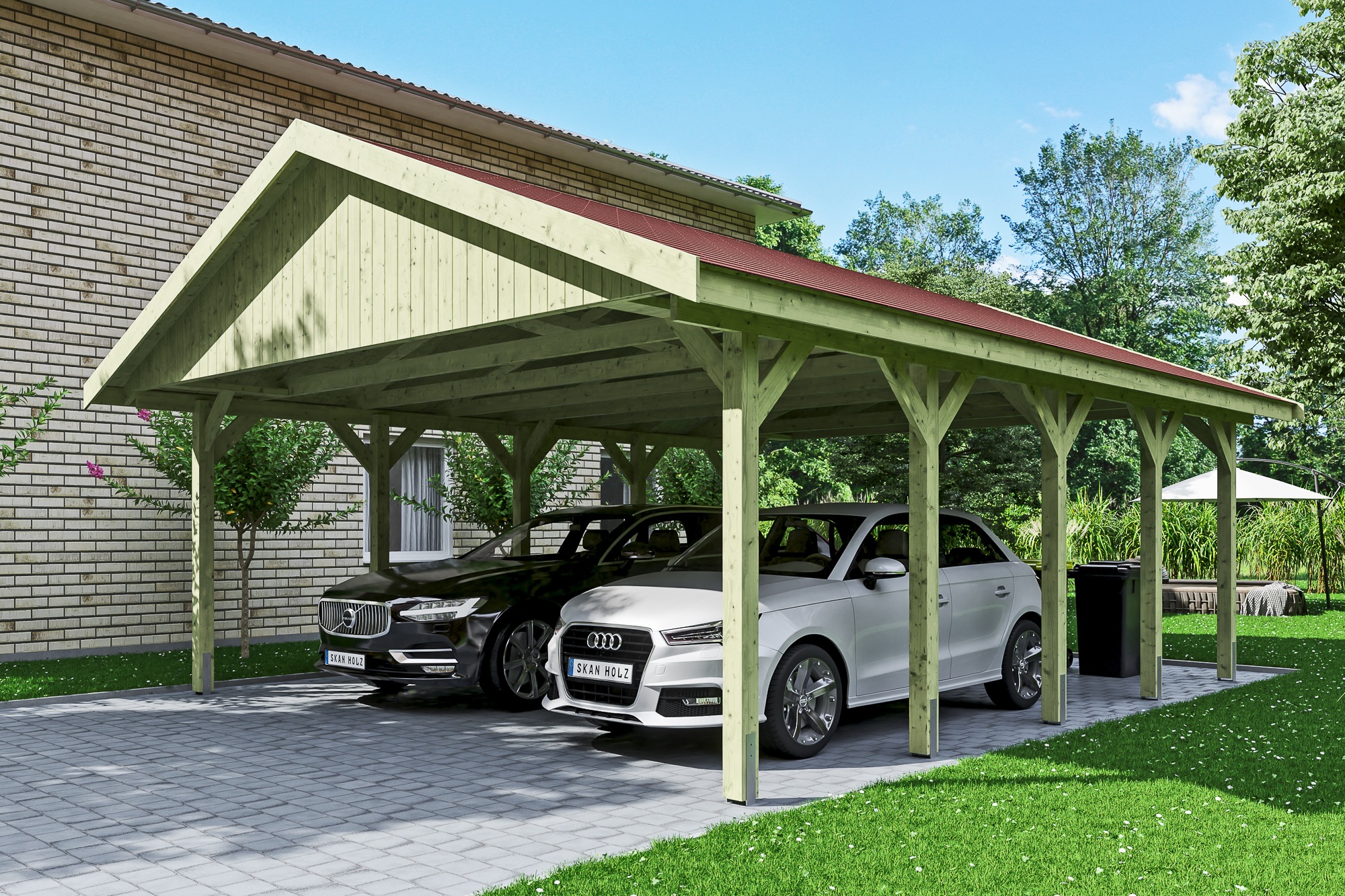 Skanholz Doppelcarport »Wallgau«, Nadelholz, 530 cm, Grün, mit roten Dachschindeln