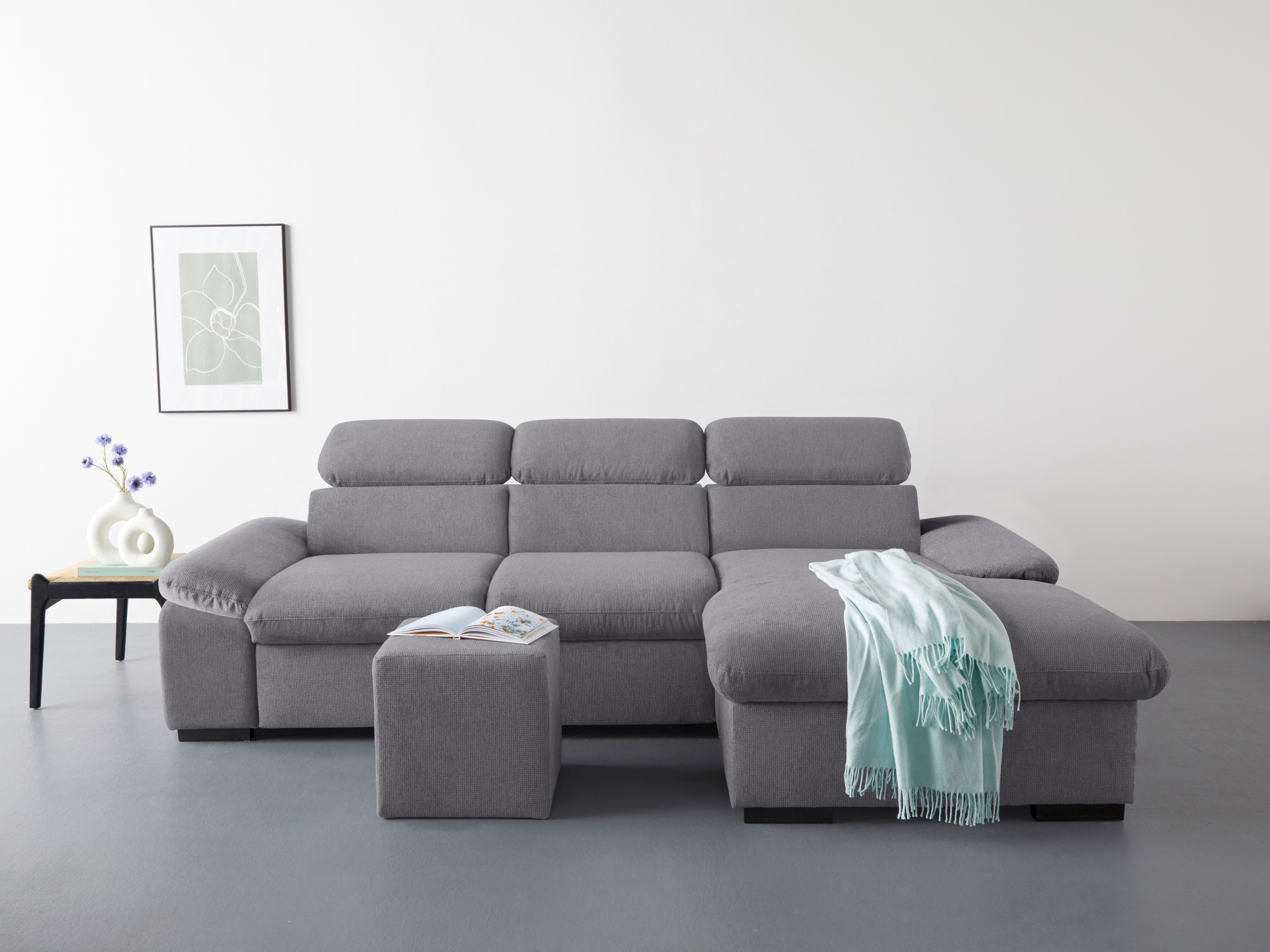 COTTA Ecksofa »Lola L-Form mit Kopfteilfunktion & Hocker«, (Set, mit Hocker), wahlweise mit Bettfunktion, Bettkasten & Armteilverstellung