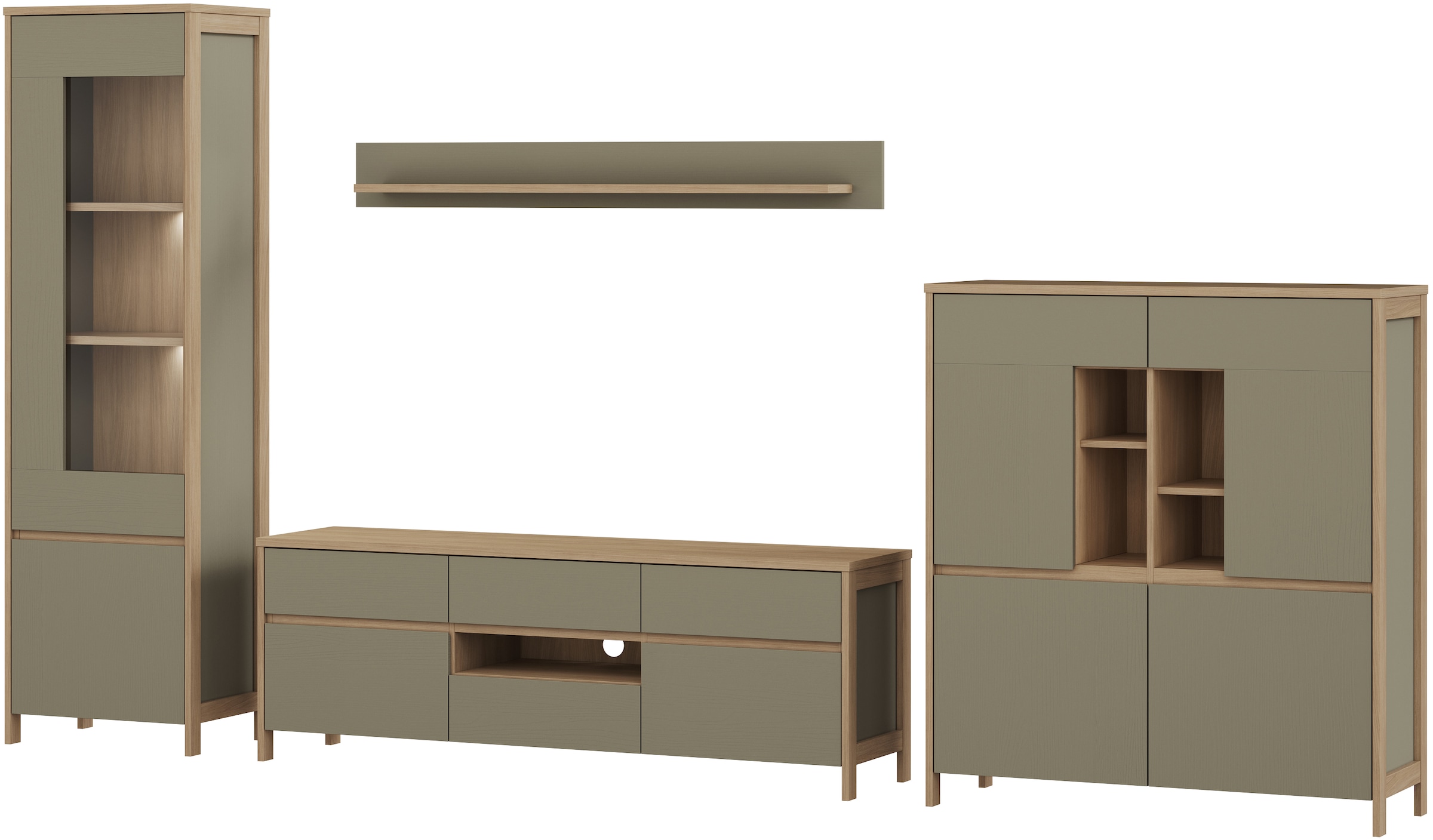 Home affaire Wohnwand »Stranda, moderne Anbauwand, Komplettset im Scandi-Style«, (4 St.), enthält Vitrine, Lowboard, Highboard und Wandboard, 364 cm breit