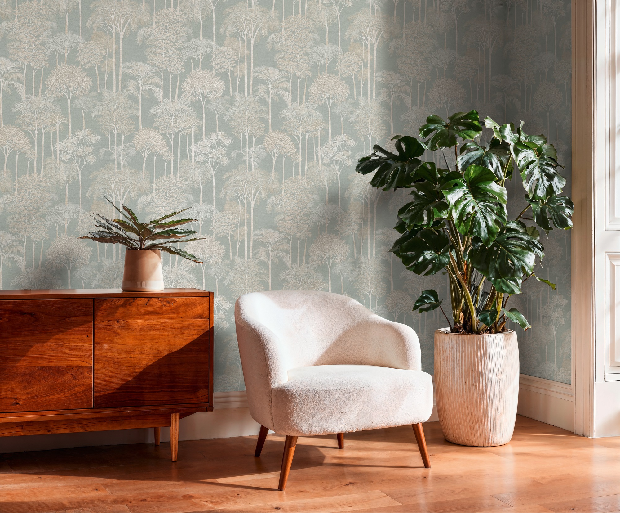 A.S. Création Vliestapete "Cuba II Golden Forest" Retro floral tropisch leicht strukturiert Dezentes Waldmotiv mit stilisierten Bäumen und sanfter Tiefe