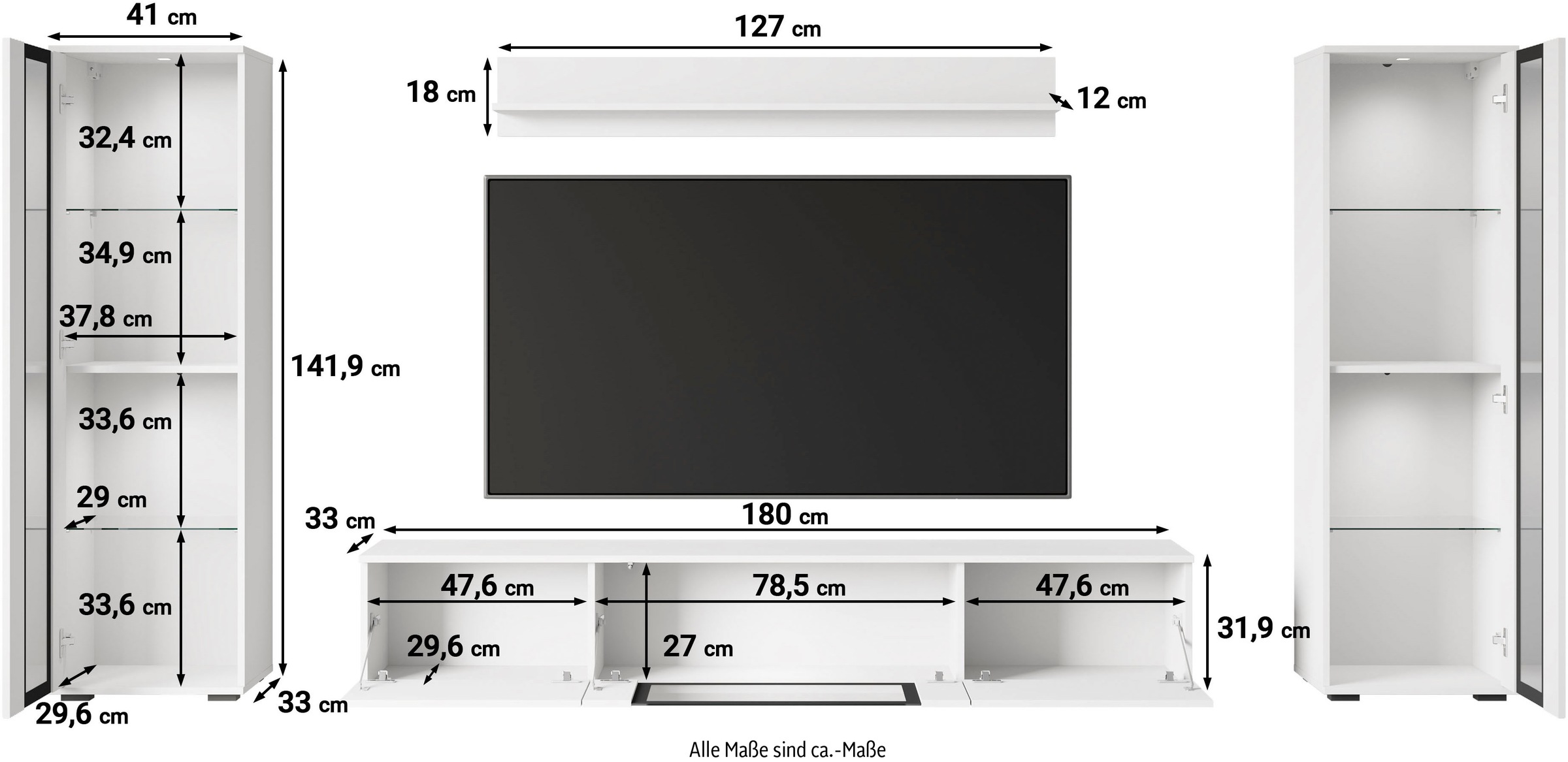 INOSIGN Wohnwand »Caro, stehend und hängend montierbar«, (Komplett-Set, 4 St., Vitrine Türanschlag links/rechts wechselbar), grifflose Design, höhenverstellbare Einlegeböden