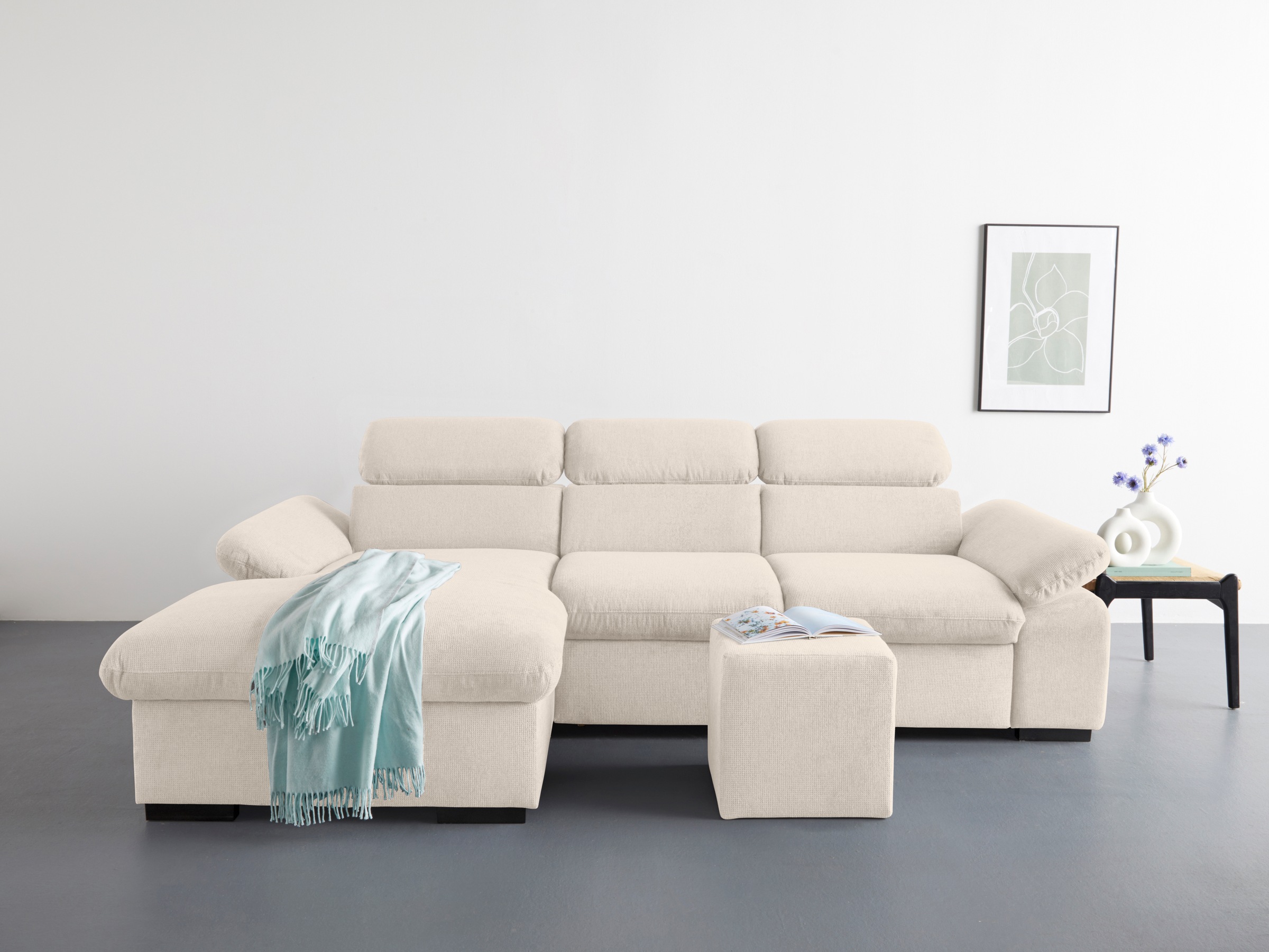 COTTA Ecksofa »Lola L-Form«, (Set, mit Hocker), mit Hocker & Kopfteilfunktion, wahlw. Bett- und Armteilfunktion