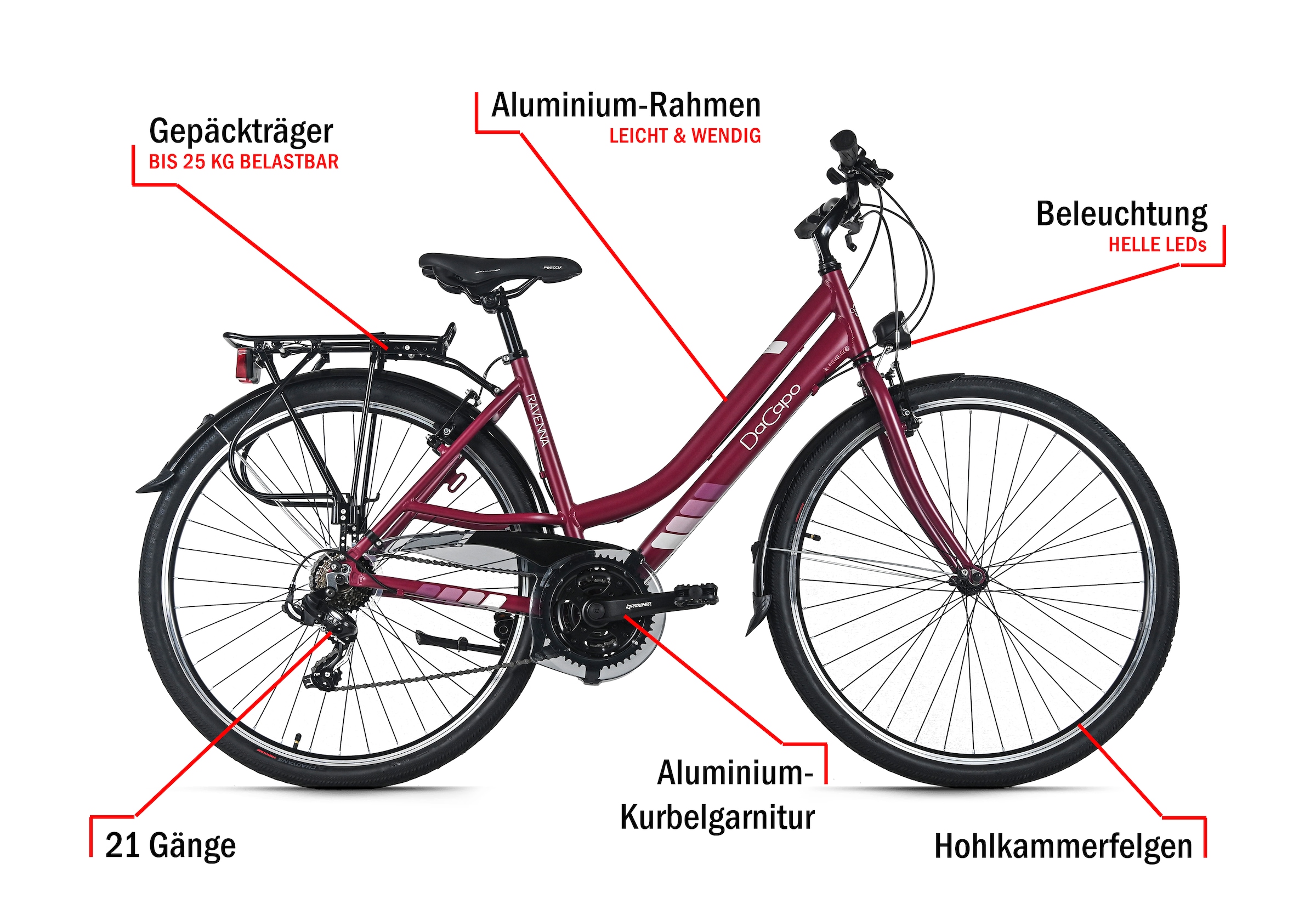 Dacapo Trekkingrad »Damen 28'' Ravenna 50 Rot  21 Gänge RH 48 cm« 21 Gang Shimano Tourney Schaltwerk Kettenschaltung