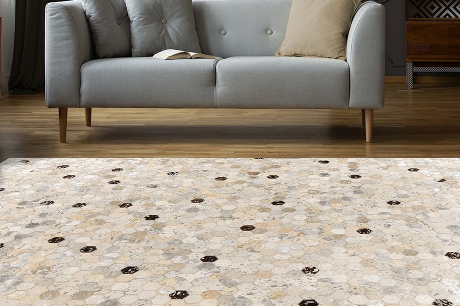 Lederteppich KAYOOM "Ravi 400 - Fellteppich", bunt (silberfarben, grau), B:120cm H:8mm L:170cm, Rindsleder, Teppiche, metallische Effekte, Patchwork Dessin, Rindsfell mit Wollrücken