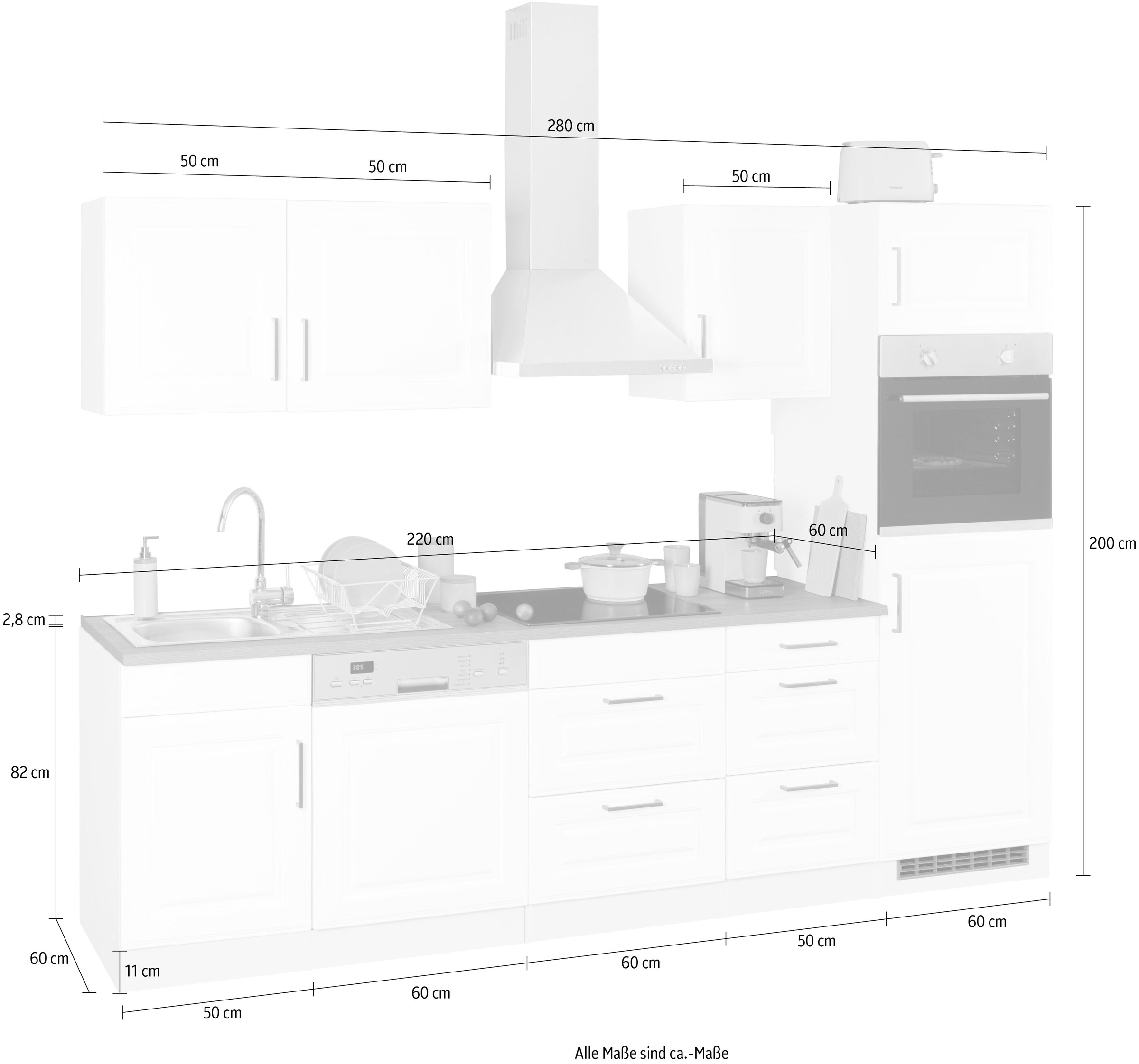 HELD MÖBEL Küchenzeile »Stockholm«, Breite 280 cm, mit hochwertigen MDF Fronten im Landhaus-Stil