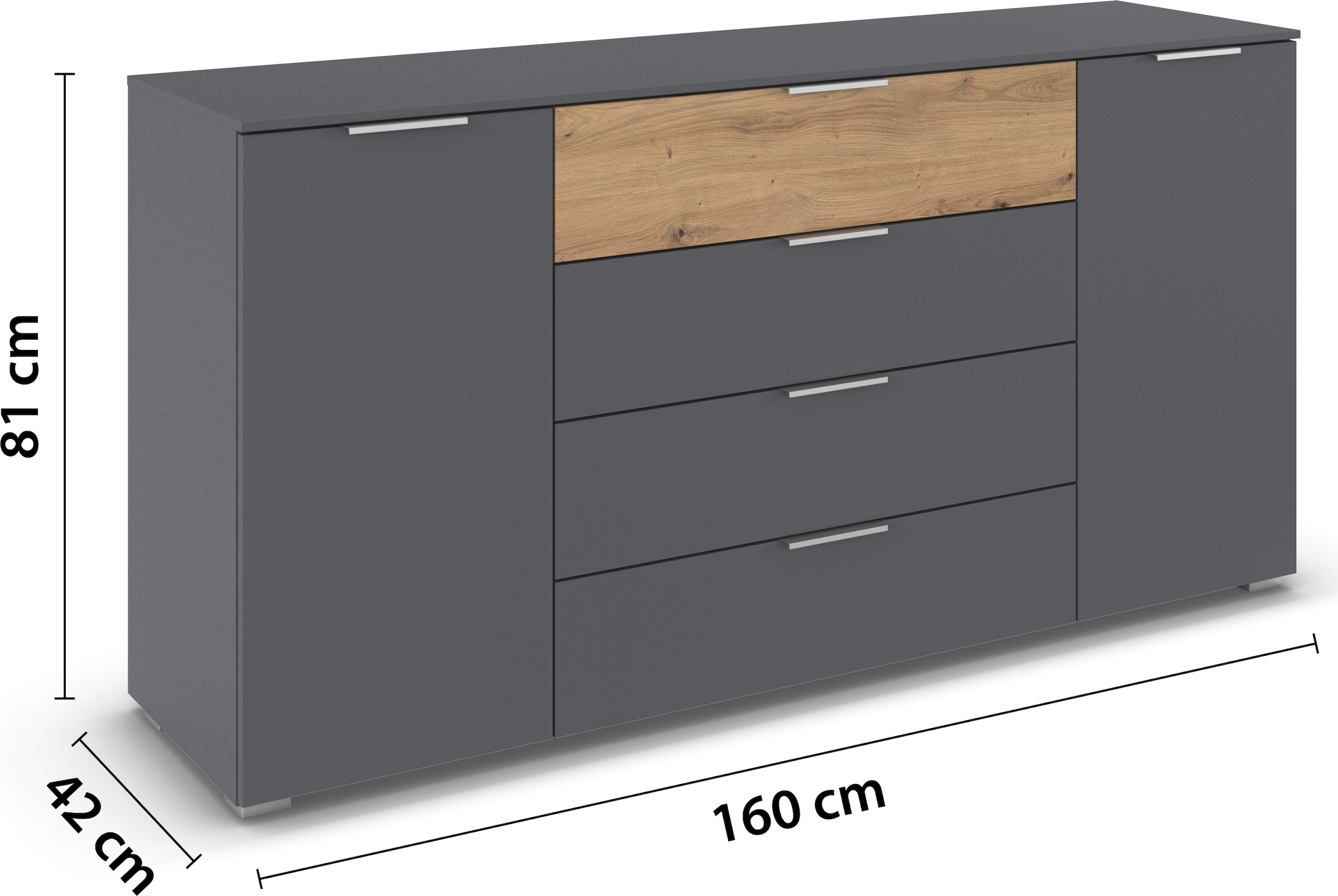 rauch Kombikommode »Sideboard Türkommode Schubladenkommode Kommode ASTANA« Breite 160 cm / Höhe 81 cm, mit 4 Einlegeböden,  2-türig, 4 geräumige Schubladen, Kantengriff Alufarben MADE IN GERMANY