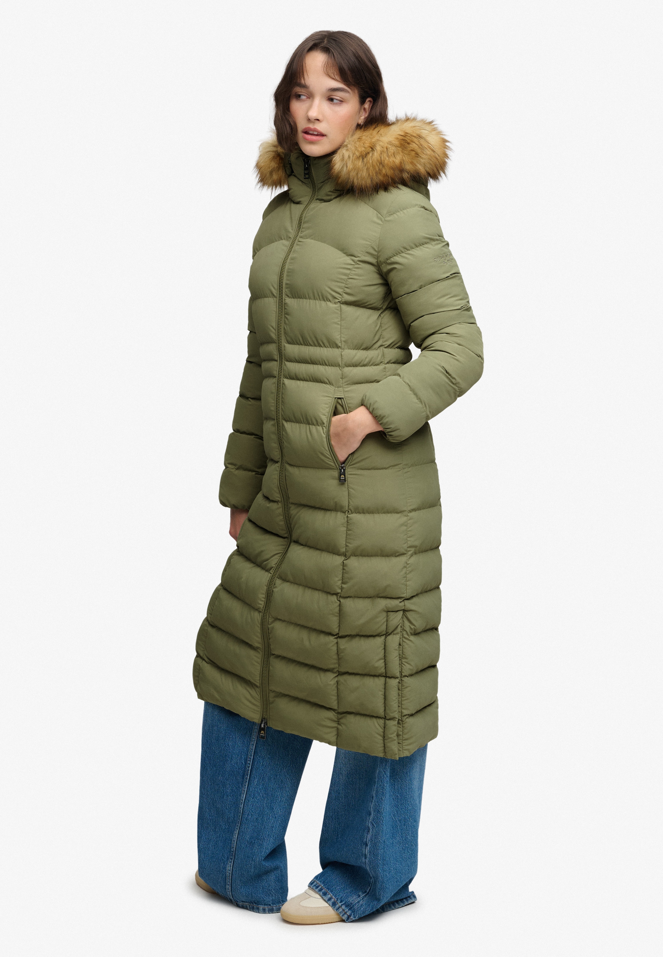 Superdry Steppjacke »HOODED FAUX FUR FUJI LONGLINE« mit Kapuze Kunstfaser, slim fit