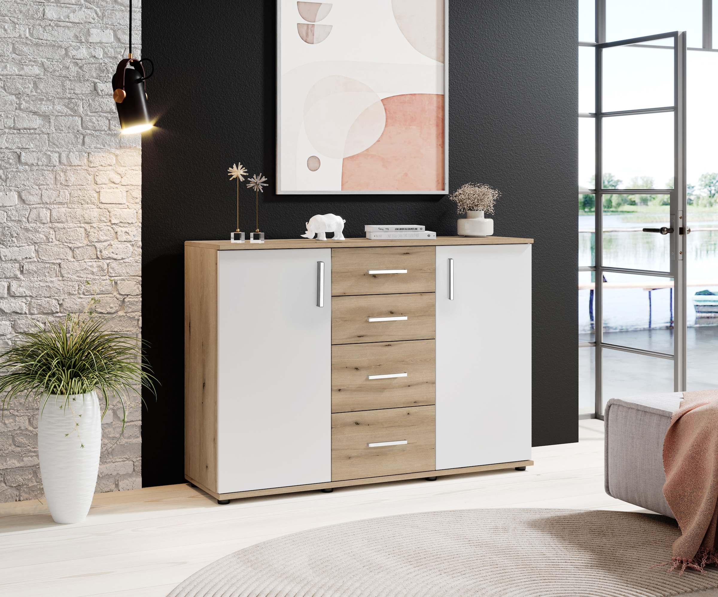 HBZ Kommode "BC-Drift-2, Sideboard Stellmaß 120x84x35 cm", (1 St.), Sideboard mit 2 Türen, 4 Schubkästen, 2 Einlegeböden