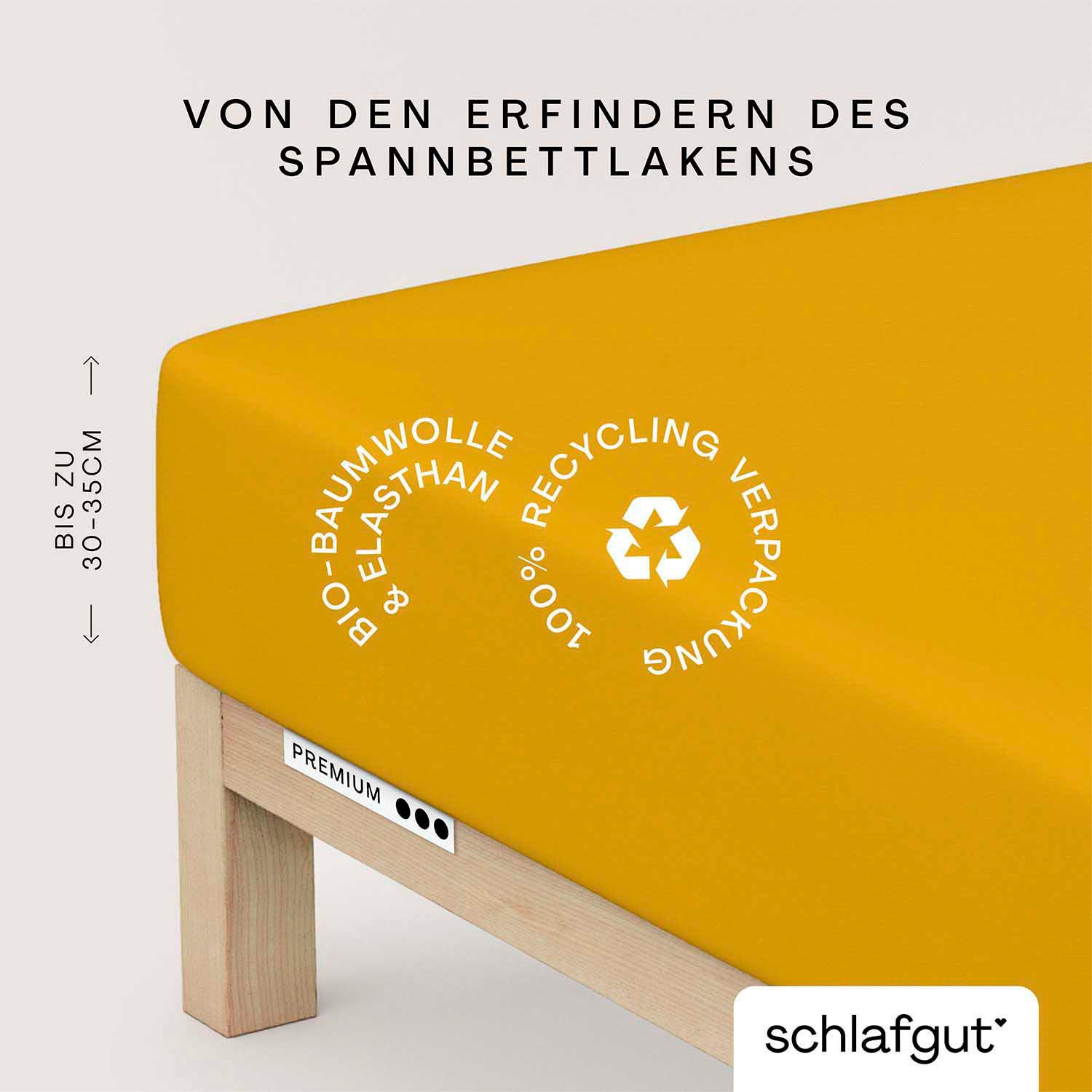 Schlafgut Spannbettlaken "PREMIUM Mako-Zwirn-Jersey, 220 g/m², 95% Bio-Baumwolle, 5% Elasthan" Bettlaken bis 30 cm Höhe, PREMIUM-Qualität langlebig, perfekter Sitz