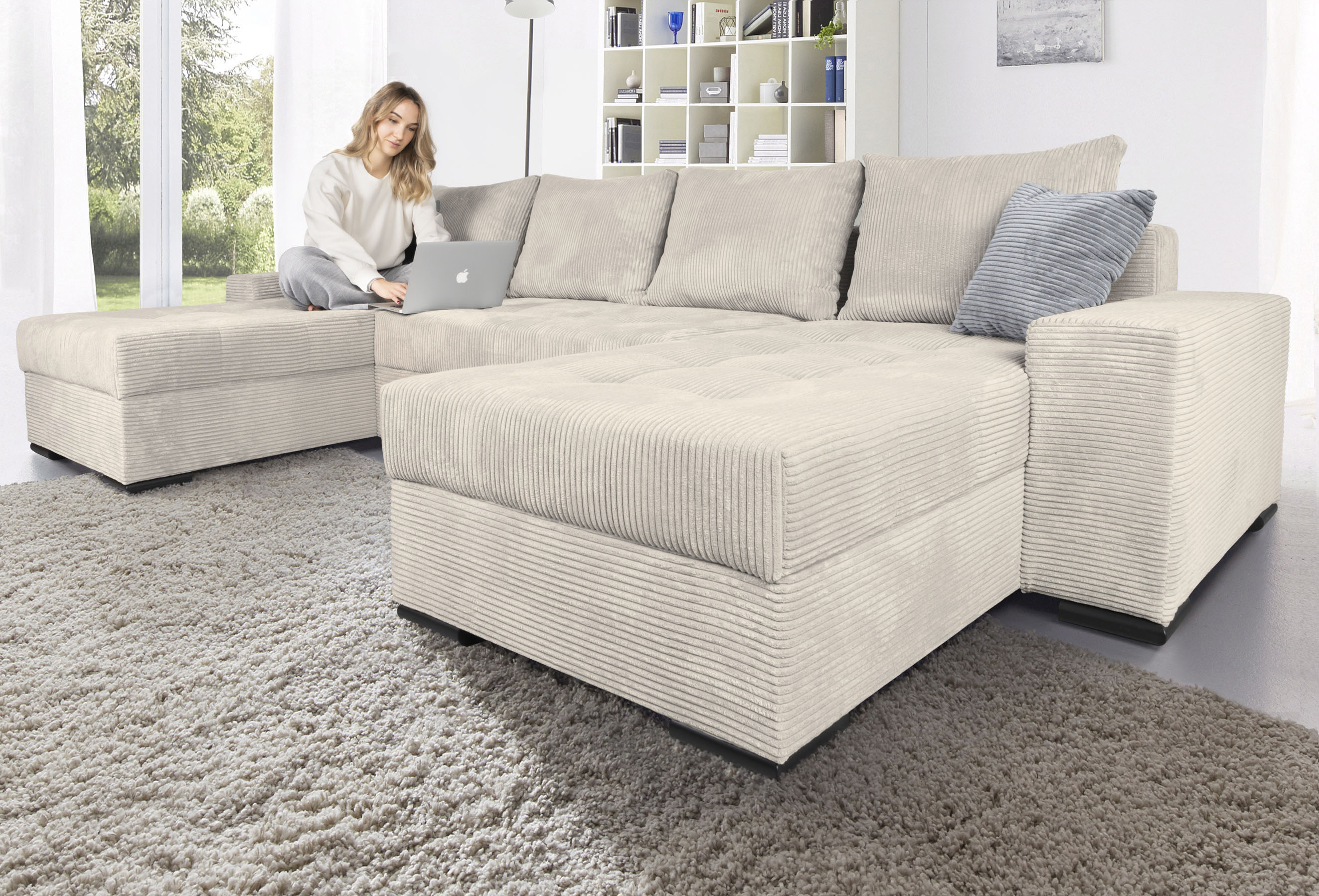 COLLECTION AB Wohnlandschaft "Josy XL U-Form, B: 313 cm in Cord, Cord-Mix" Schlaffunktion, Bettkasten & 2 Zierkissen, Federkern