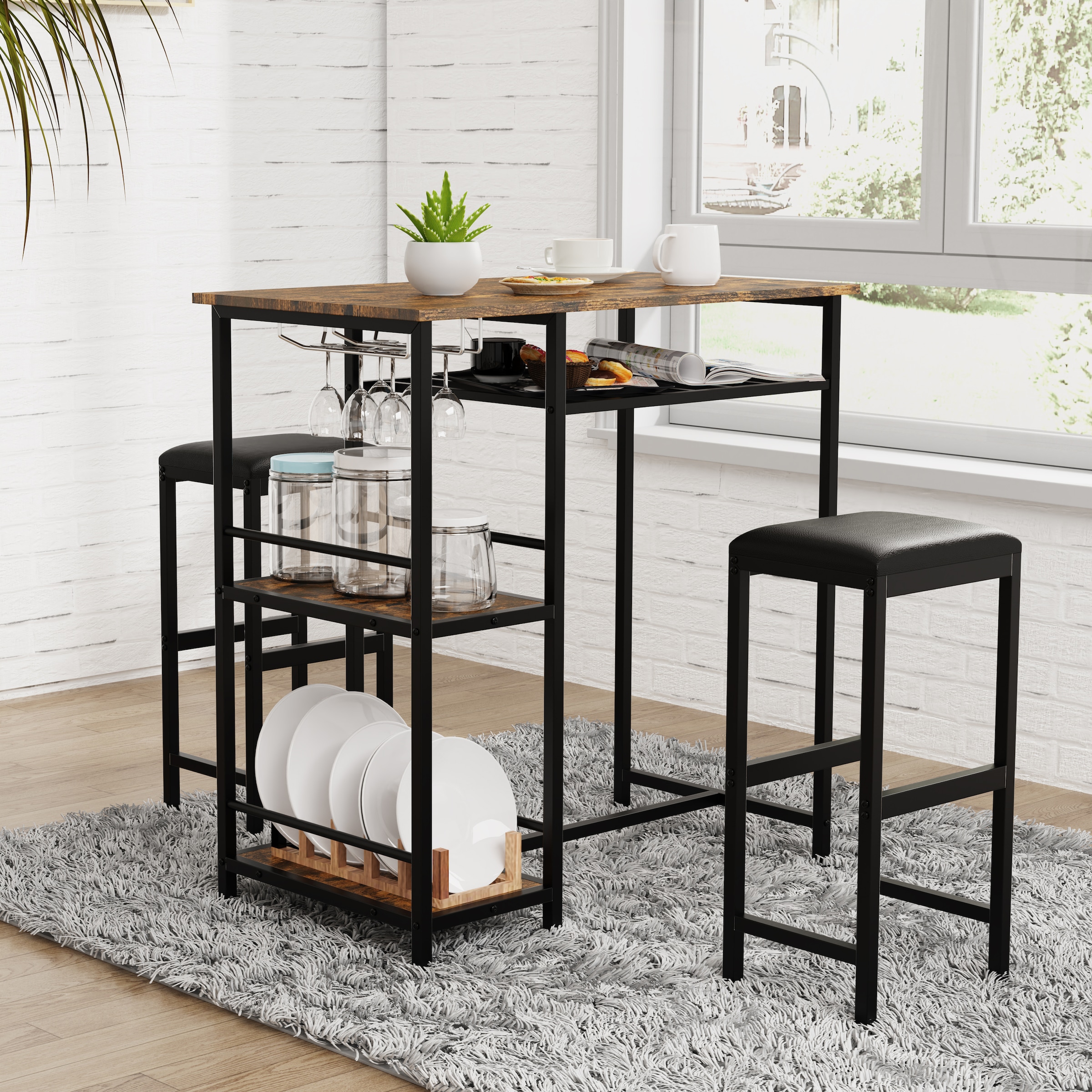 VCM Bartisch »VCM 3 tlg. Set | Bartisch | Maße Tisch ca. H. 93 x B. 90 x T. 50 cm | Maße pro Barhocher ca. H. 65 x B. 30 x T. 25 cm | Bistrotisch Bockerhocker - Kolari«, (Kolari)
