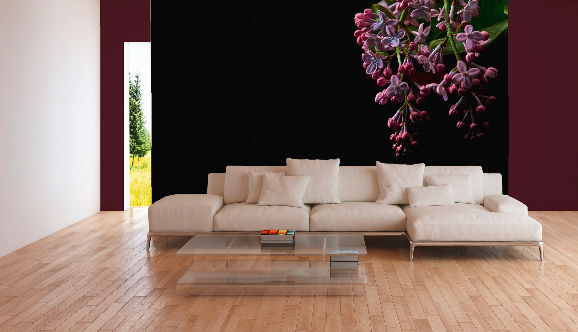 A.S. CRÉATION Vliestapete "Fototapete Flieder Dunkel Lila Schwarz Blumenmotiv", B/L: 2,55mm x 3,5mm, Rollen:schwarz, Wohnzimmer, Tapeten