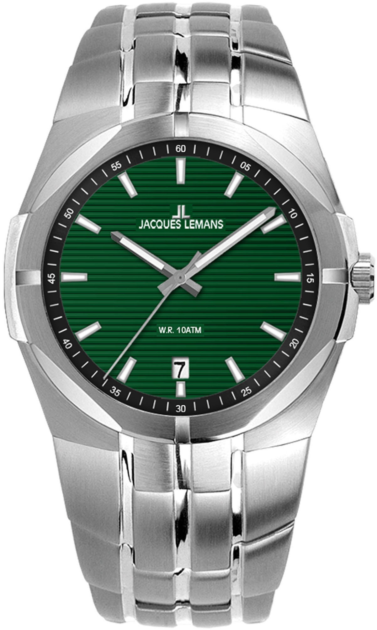 Jacques Lemans "Monte Carlo" Armbanduhr, Herrenuhr, Datum, Leuchtzeiger, Edelstahlarmband