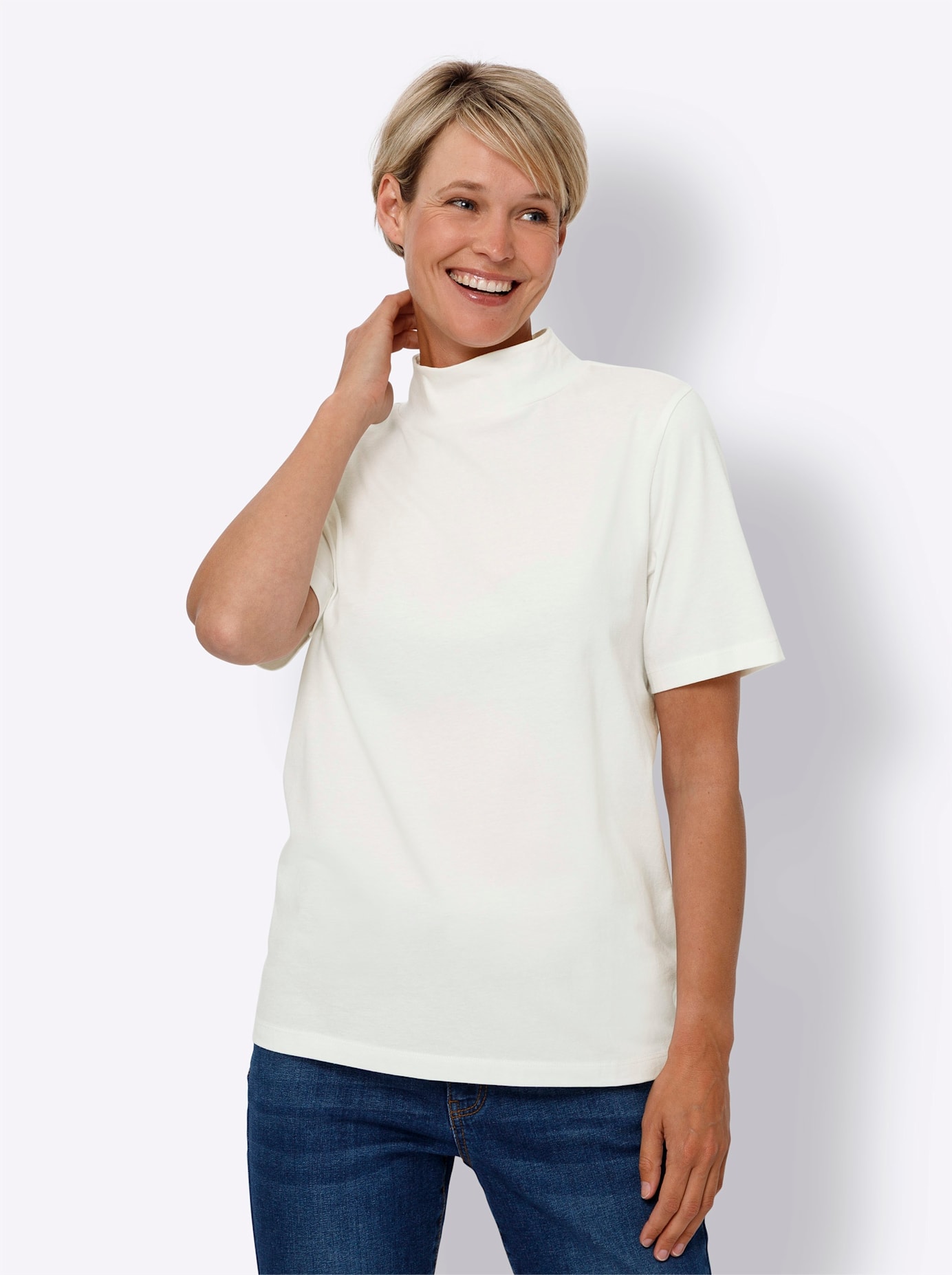 Stehkragenshirt CLASSIC BASICS "Kurzarm-Shirt", Damen, Gr. 38, beige (ecru), 100% Baumwolle, unifarben, Shirts Stehkragenshirt