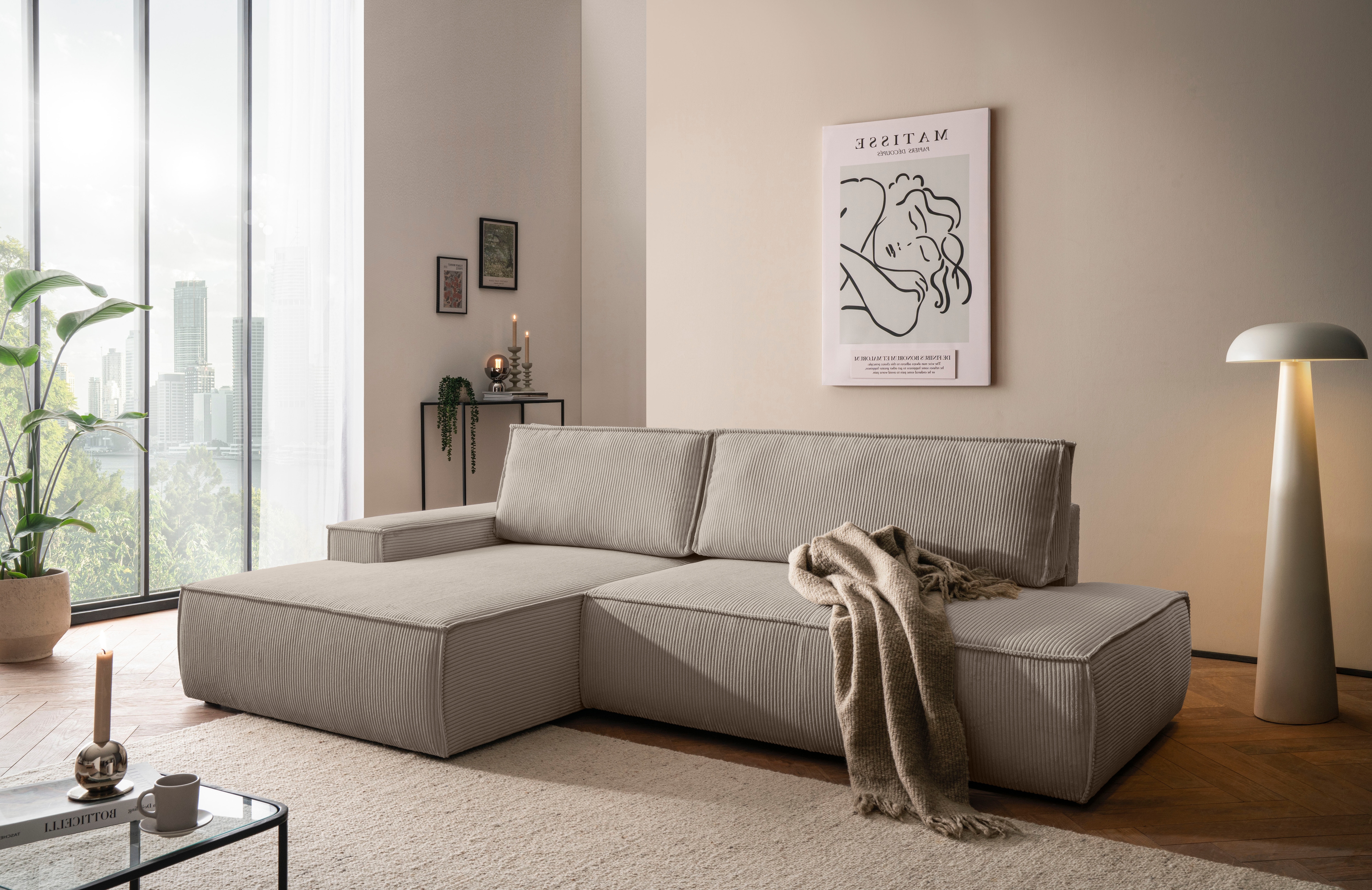 OTTO home Ecksofa "SHERWOOD Cord Schlafsofa in L-Form offen (275cm)" Schlaffunktion und Bettkasten, Kedernaht, hoher Sitz- & Liegekomfort