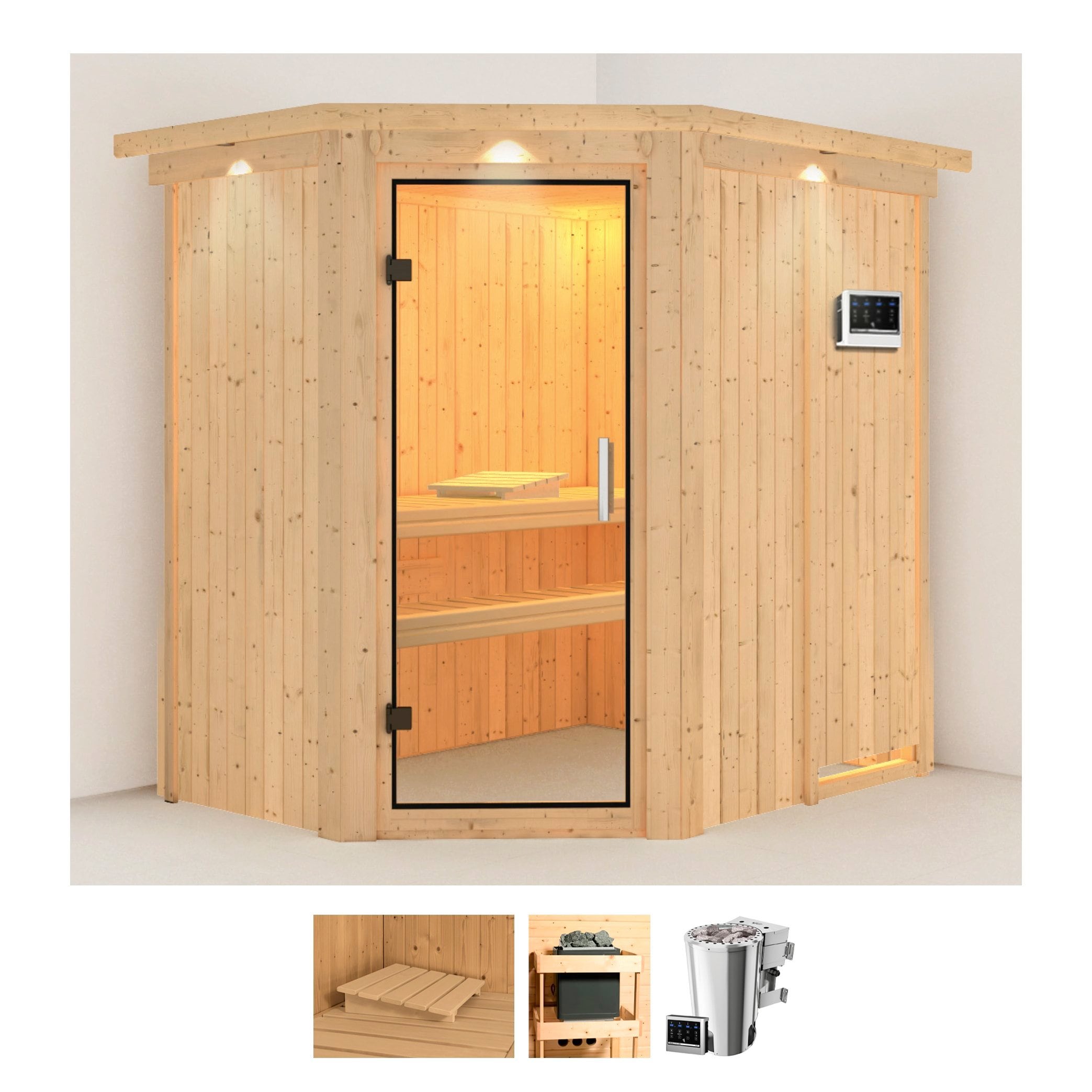 KARIBU Sauna "Swantje", Bio-Kombiofen, externe Steuerung, 3,6 kW, beige, Saunen, Ofen 3,6 kW Bio-Ofen externe Strg. easy