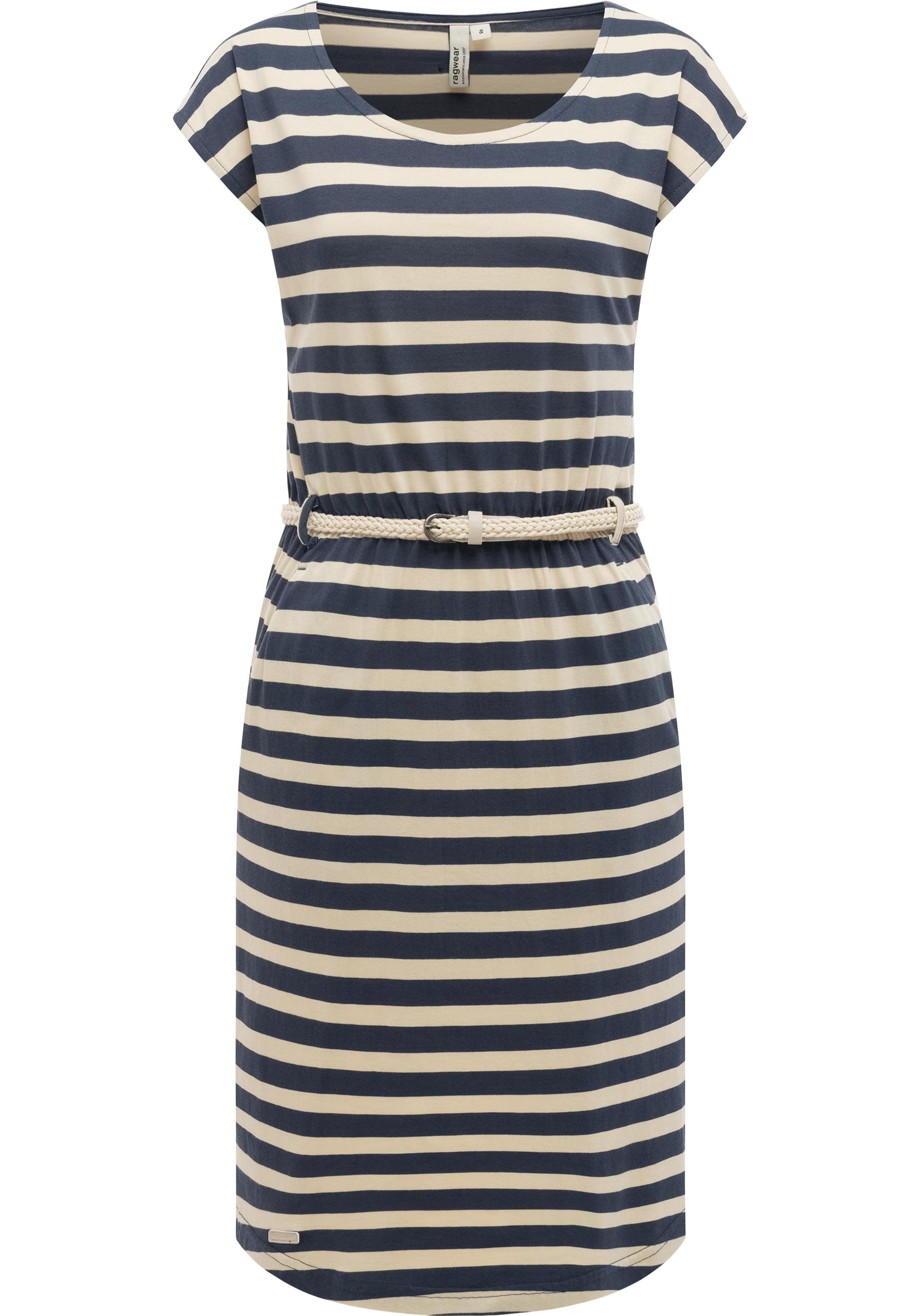 Shirtkleid RAGWEAR "Lilithe YOUMODO", Damen, Gr. XS (34), Normalgrößen, navy, Material 50% Baumwolle, 50% Modal, tailliert knieumspielend, Rundhals, Ärmel ohne Ärmelschlitz normaler Saum, Kleider Shirtkleid, Sommerkleid mit Alloverprint und Flechtgürtel