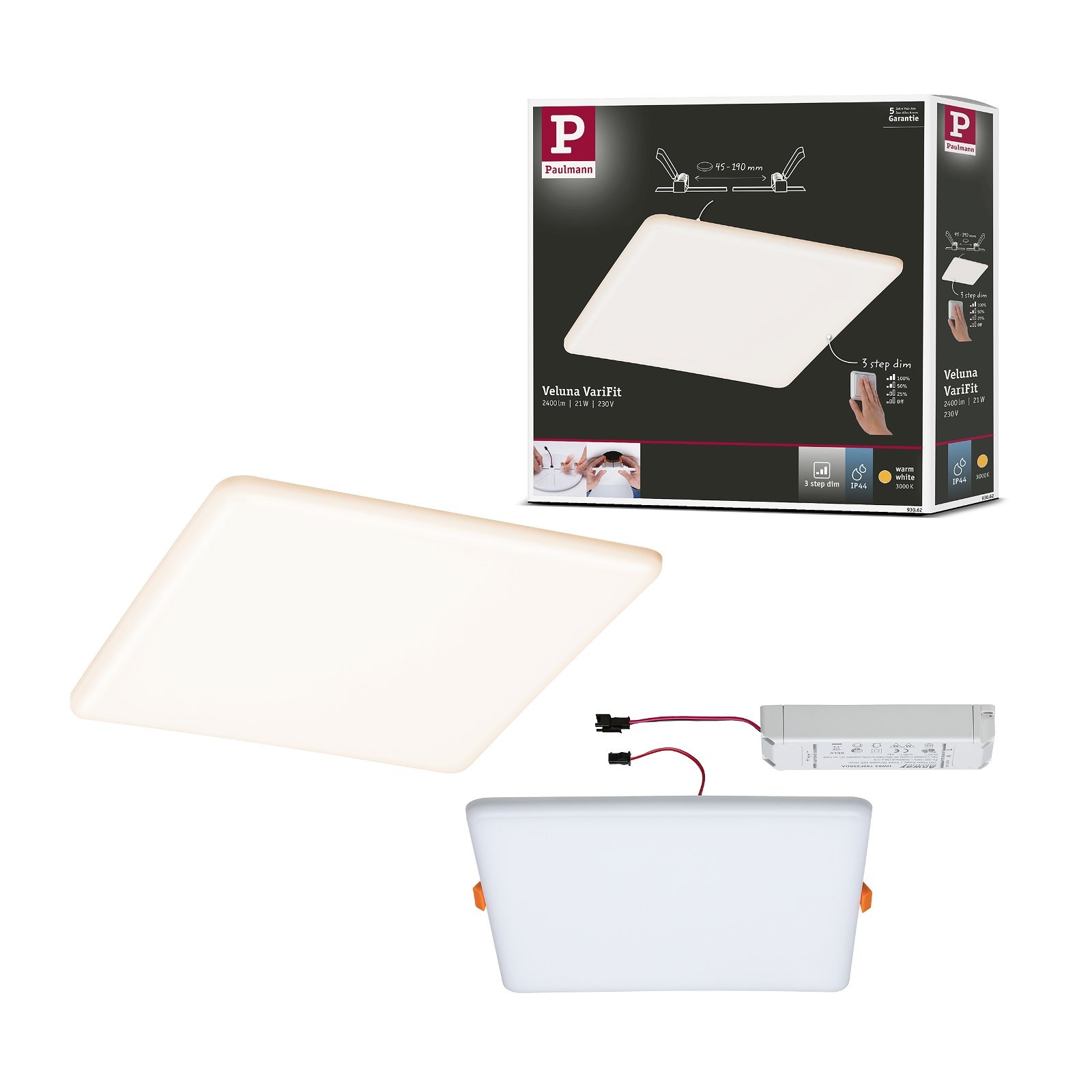 Paulmann LED Einbauleuchte »VariFit Veluna IP44 eckig 215x215mm 21W 1650lm 3000K Satin 3-Step-Dim«, 1 flammig, Einbaupanel, dimmbar