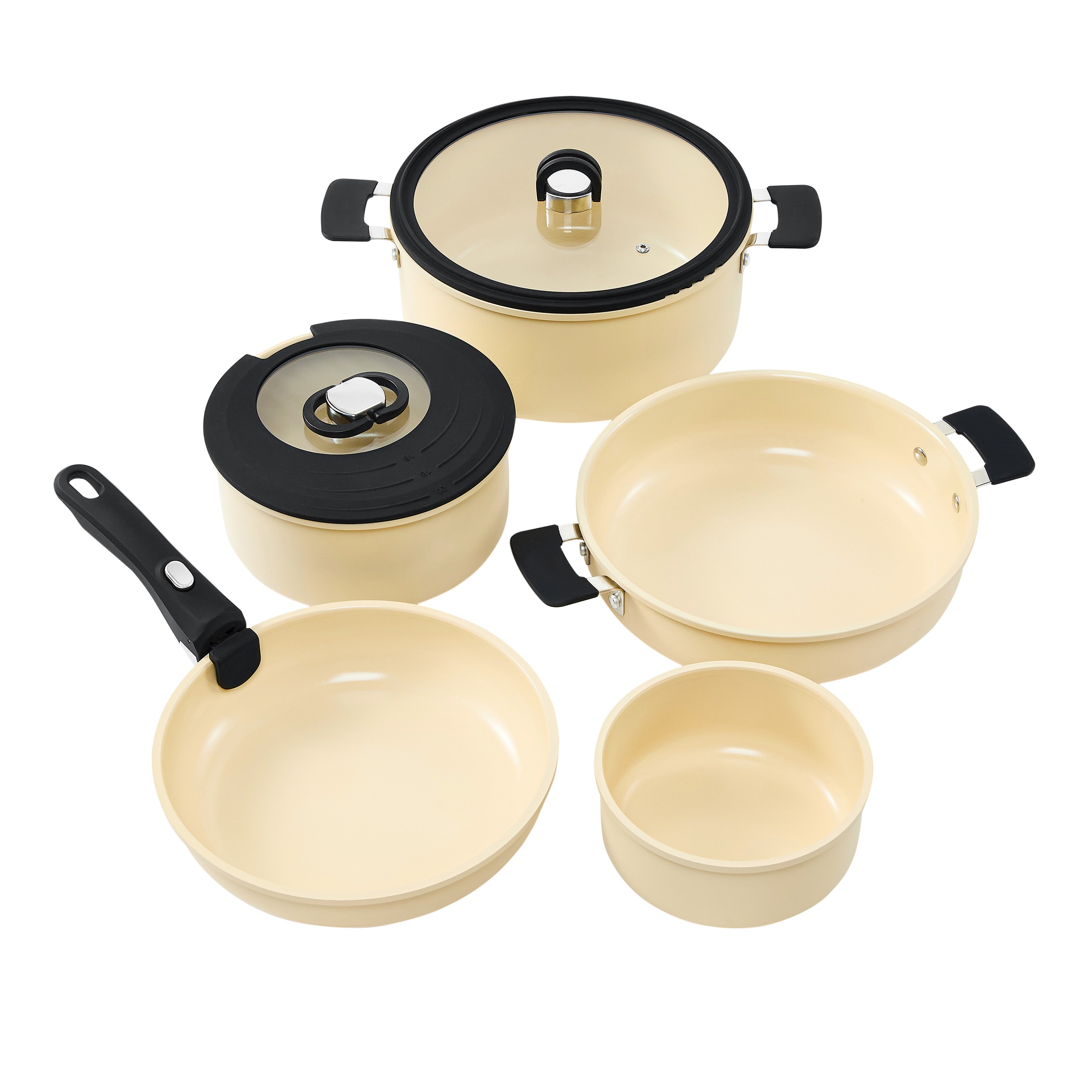 RESTO Kitchenware Topf-Set "SAVE & STOCK Multifunktionales Stapelbares Set im Geschenkkarton" Set, 1x Soßentopf, 2x Kochtopf, 2x Bratpfanne, 1x Griff, 2x Deckel, 8 tlg. Aluminium