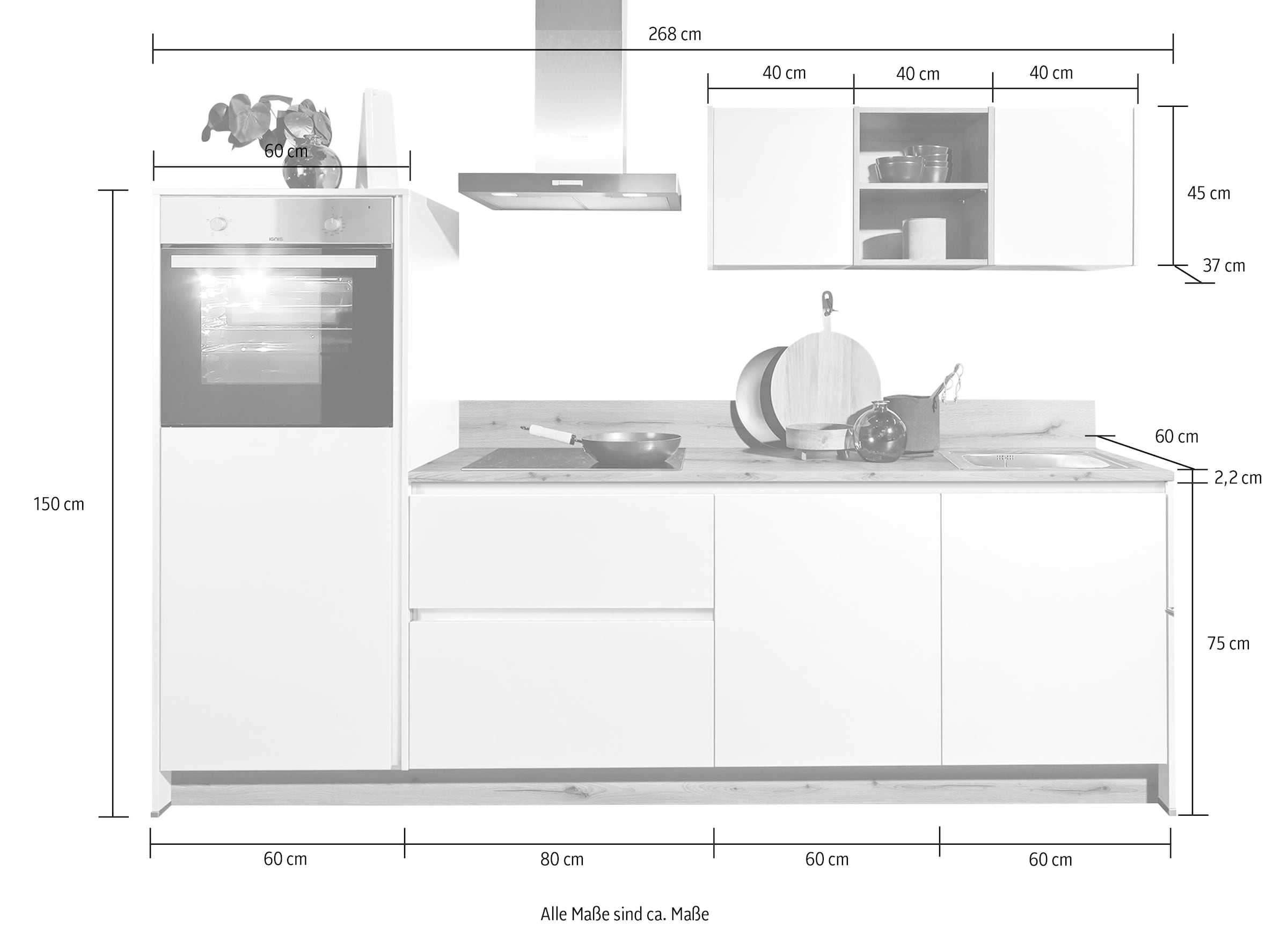 Express Küchen Küche »Sakura«, vormontiert, mit E-Geräten, wahlweise mit Beleuchtung, Breite 268 cm
