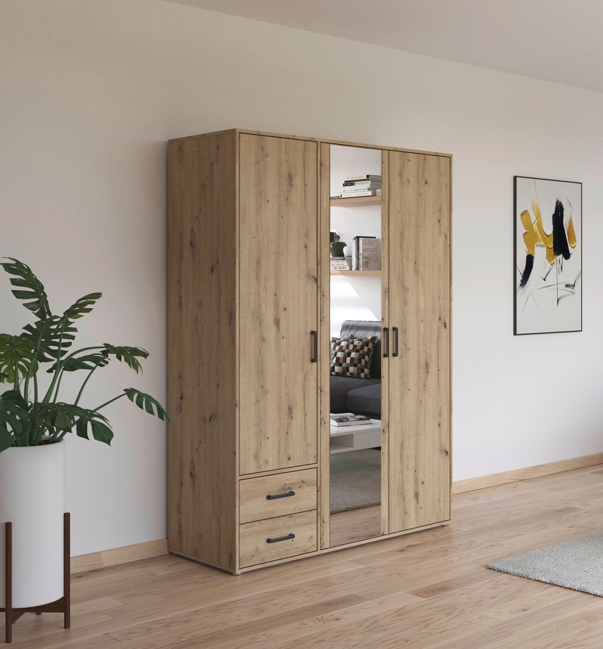 rauch Drehtürenschrank »Kleiderschrank Schrank Garderobe Wäscheschrank VOYAGER«, (in 3 verschiedenen Ausstattungen BASIC/CLASSIC/PREMIUM), mit modernen Griffen in Graumetallic, inkl. Schubkästen und Spiegel