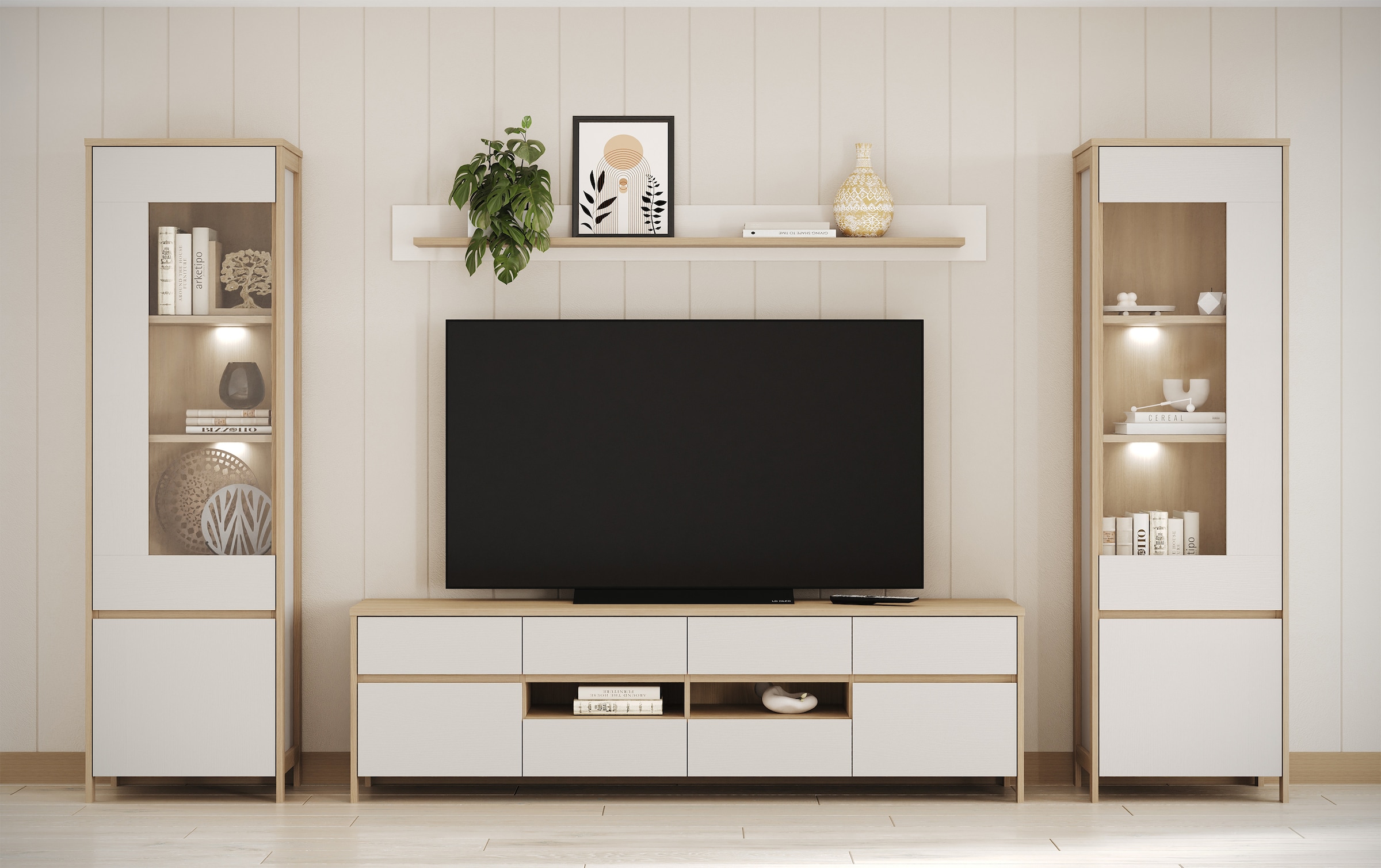Home affaire Wohnwand »Stranda, moderne Anbauwand, Komplettset im Scandi-Style«, (4 St.), enthält zwei Vitrinen, Lowboard und Wandboard, 344 cm breit