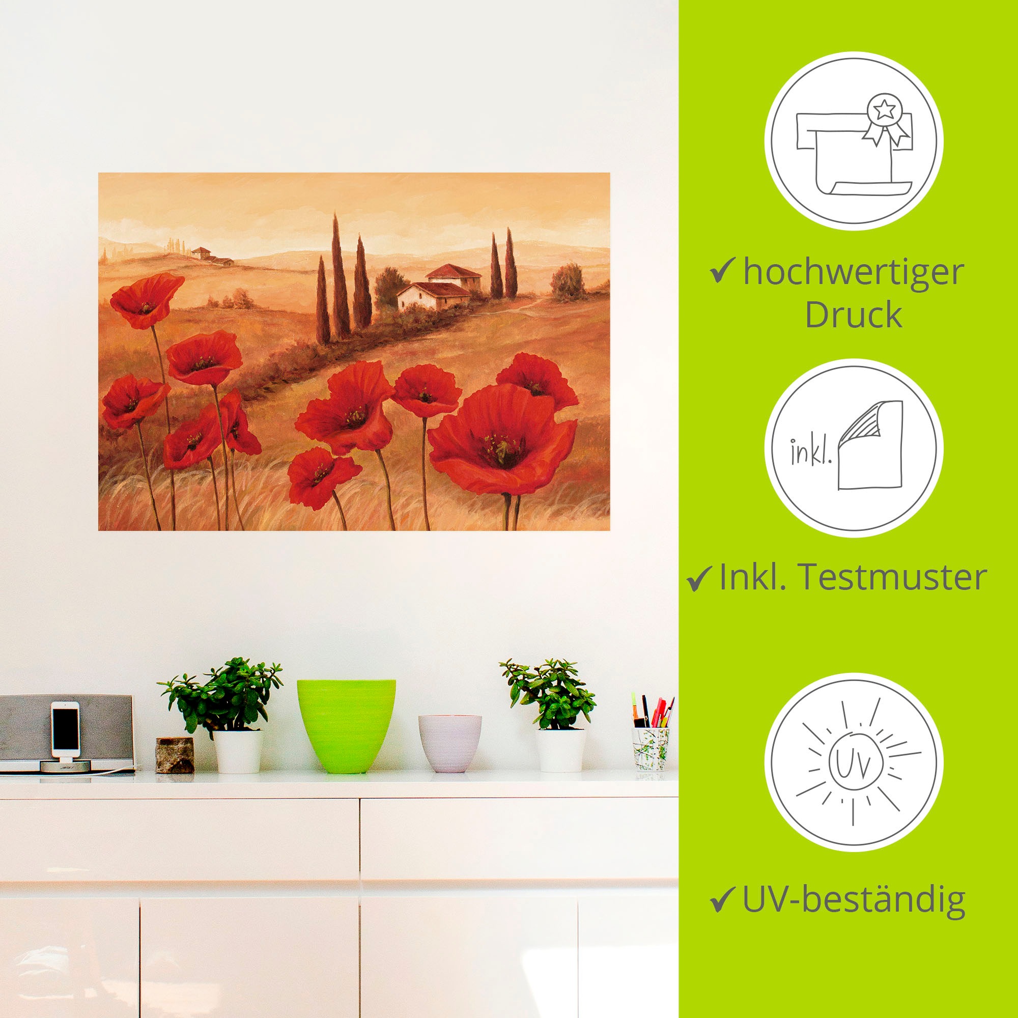 Artland Wandbild »Mohnblumen in der Toskana«, Europa, (1 St.), als Leinwandbild, Poster, Wandaufkleber in verschied. Größen