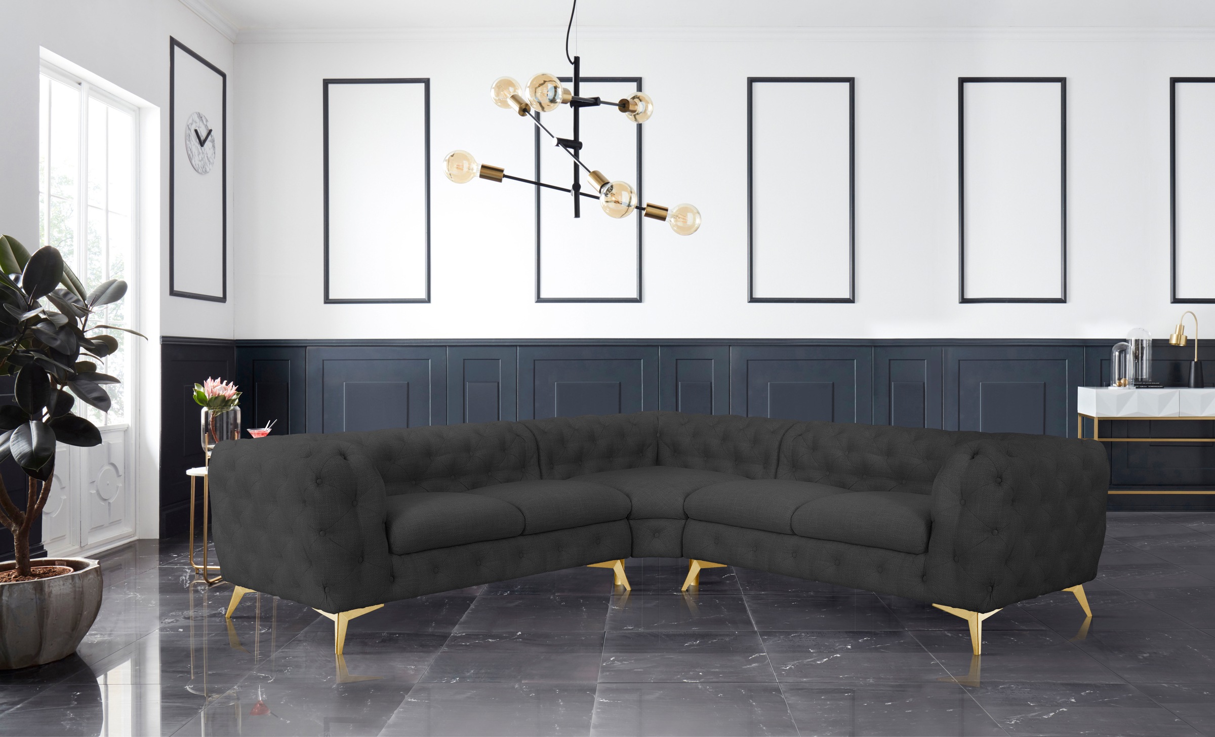 Leonique Chesterfield-Sofa »Ecksofa GLYNIS L-Form mit Wellenunterfederung, Maße B/T/H 264/264/75cm«, aufwändige Knopfheftung, moderne Chesterfield Optik, Fußfarbe wählbar