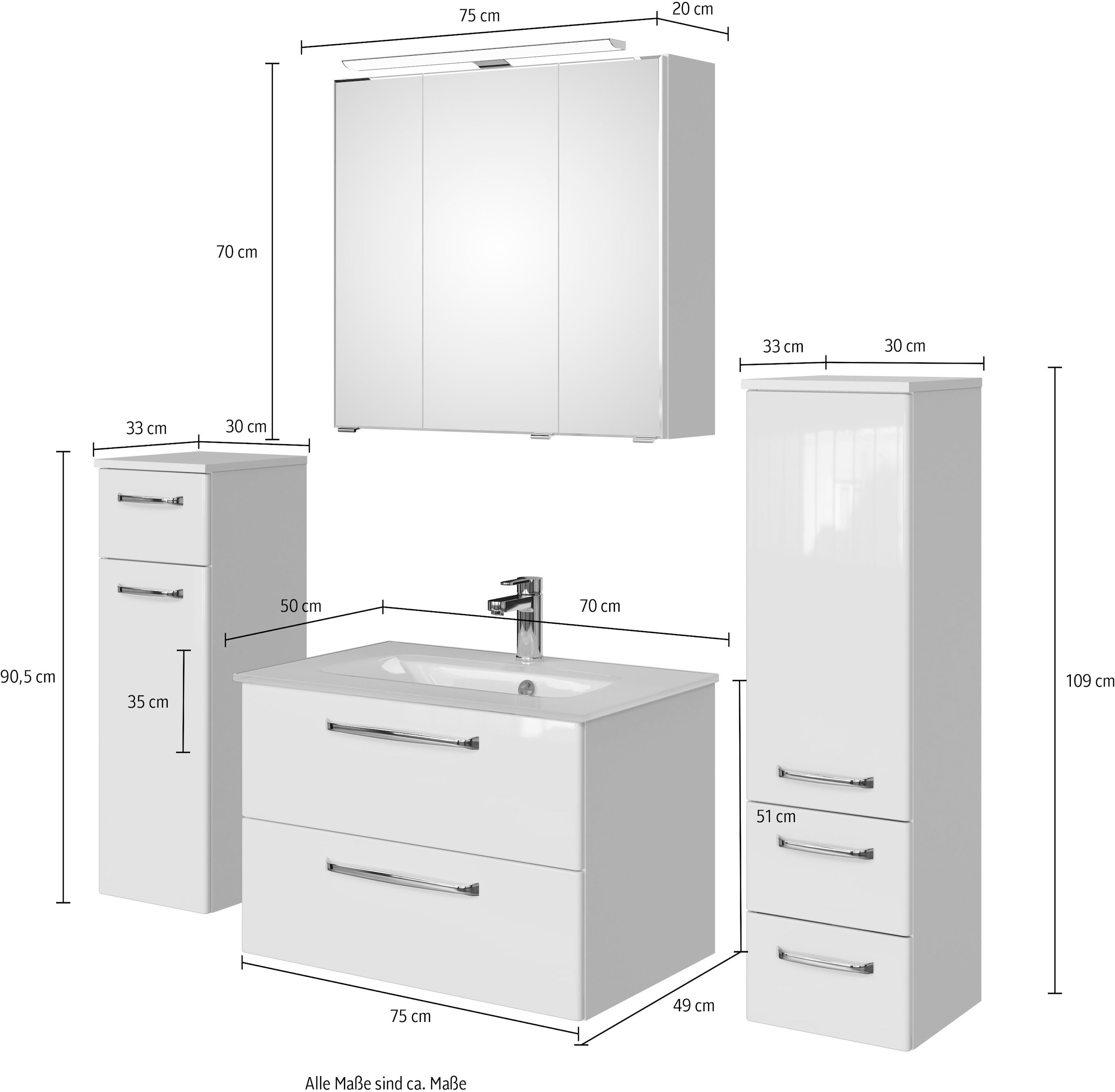 Saphir Badmöbel-Set »Badmöbel-Set Trentino 4-teilig Glas-Waschtisch mit LED-Spiegelschrank«, (5 St.), Badezimmer-Set mit Midischrank und Unterschrank inkl. Türdämpfer
