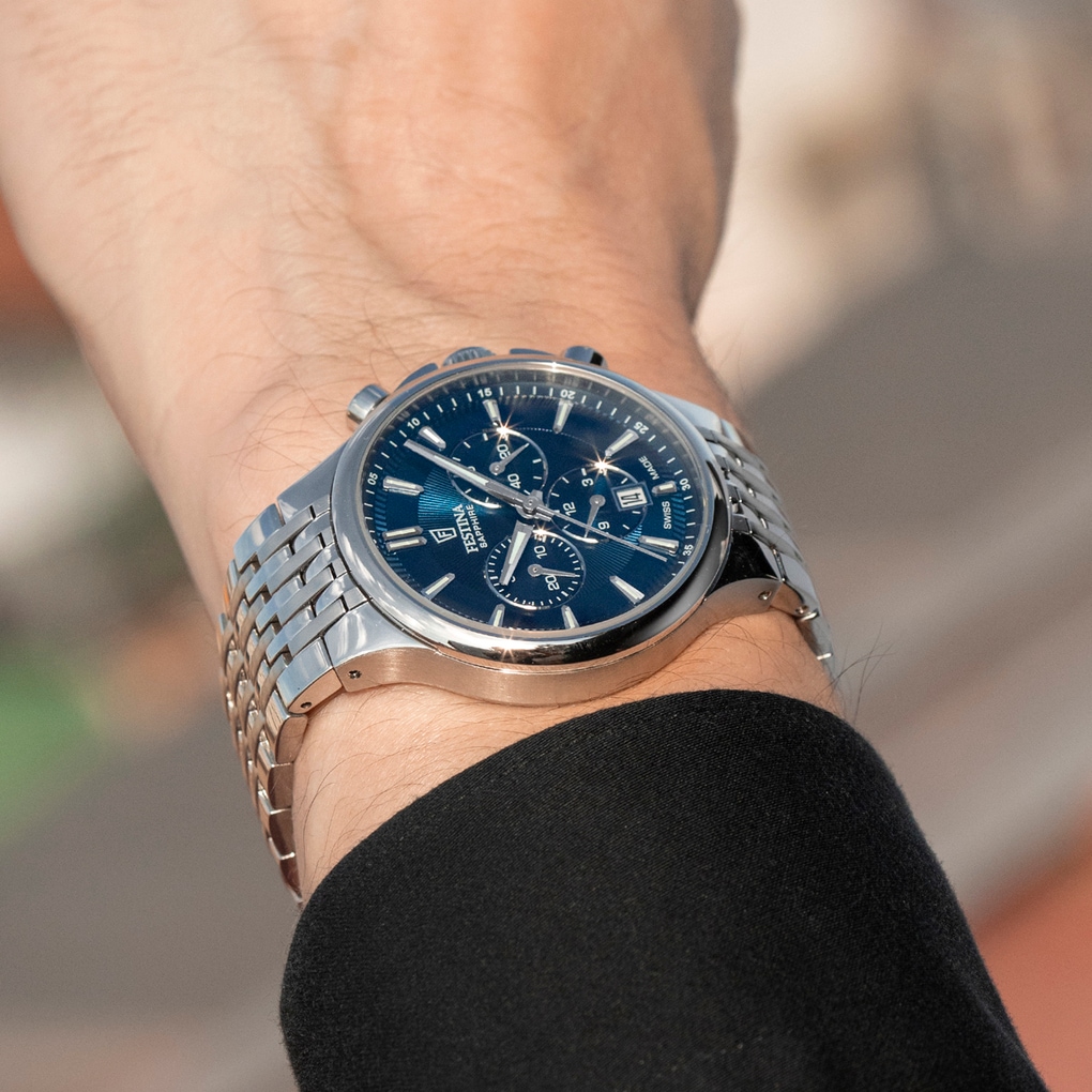 Festina Chronograph »Chrono« Quarzuhr, Armbanduhr, Herrenuhr, Swiss Made, Edelstahlarmband, analog